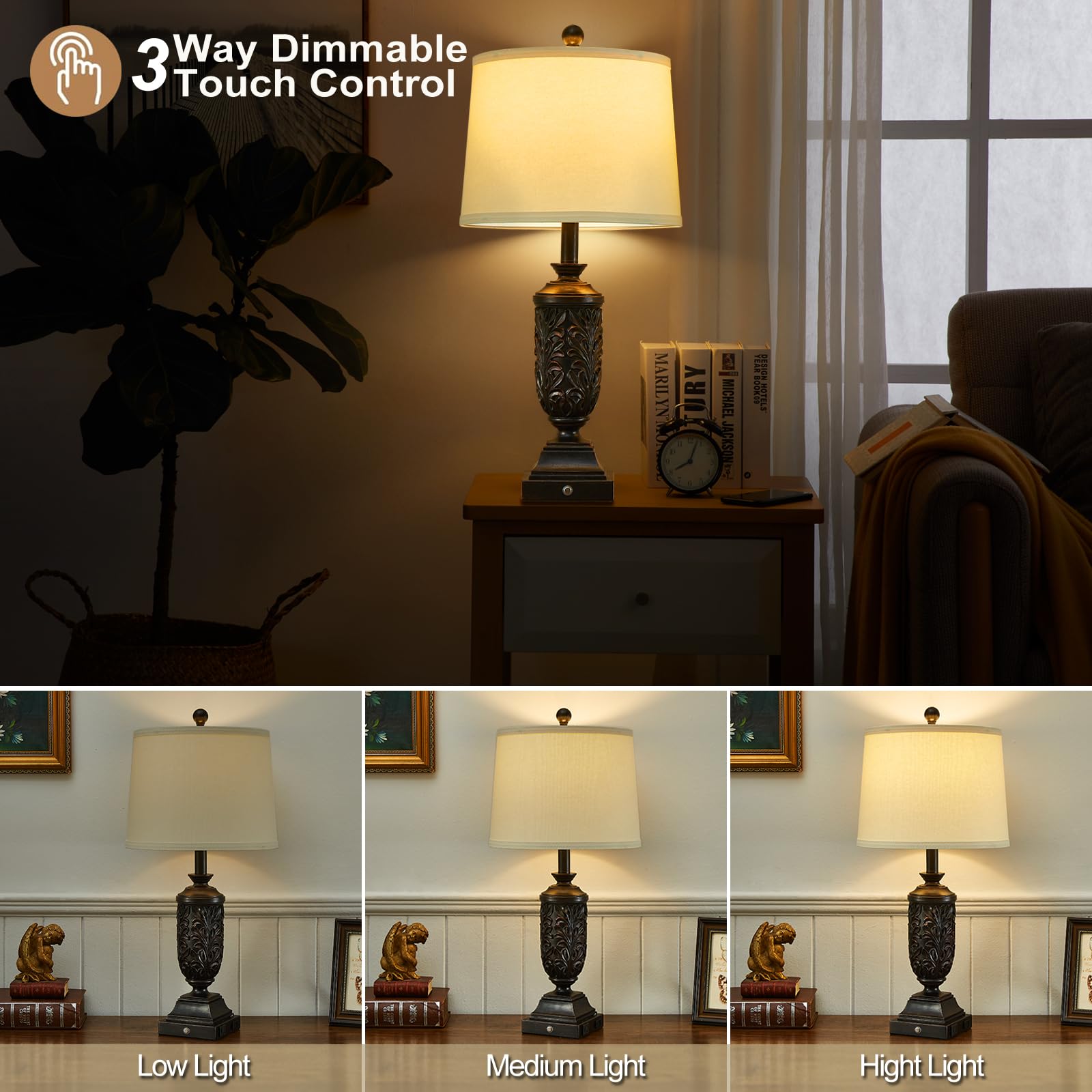 SAIWEYA 26.5in Farmhouse Table Lamp Set of 2, 3-Way Dimmable, Black, Resin, Model TM-T05