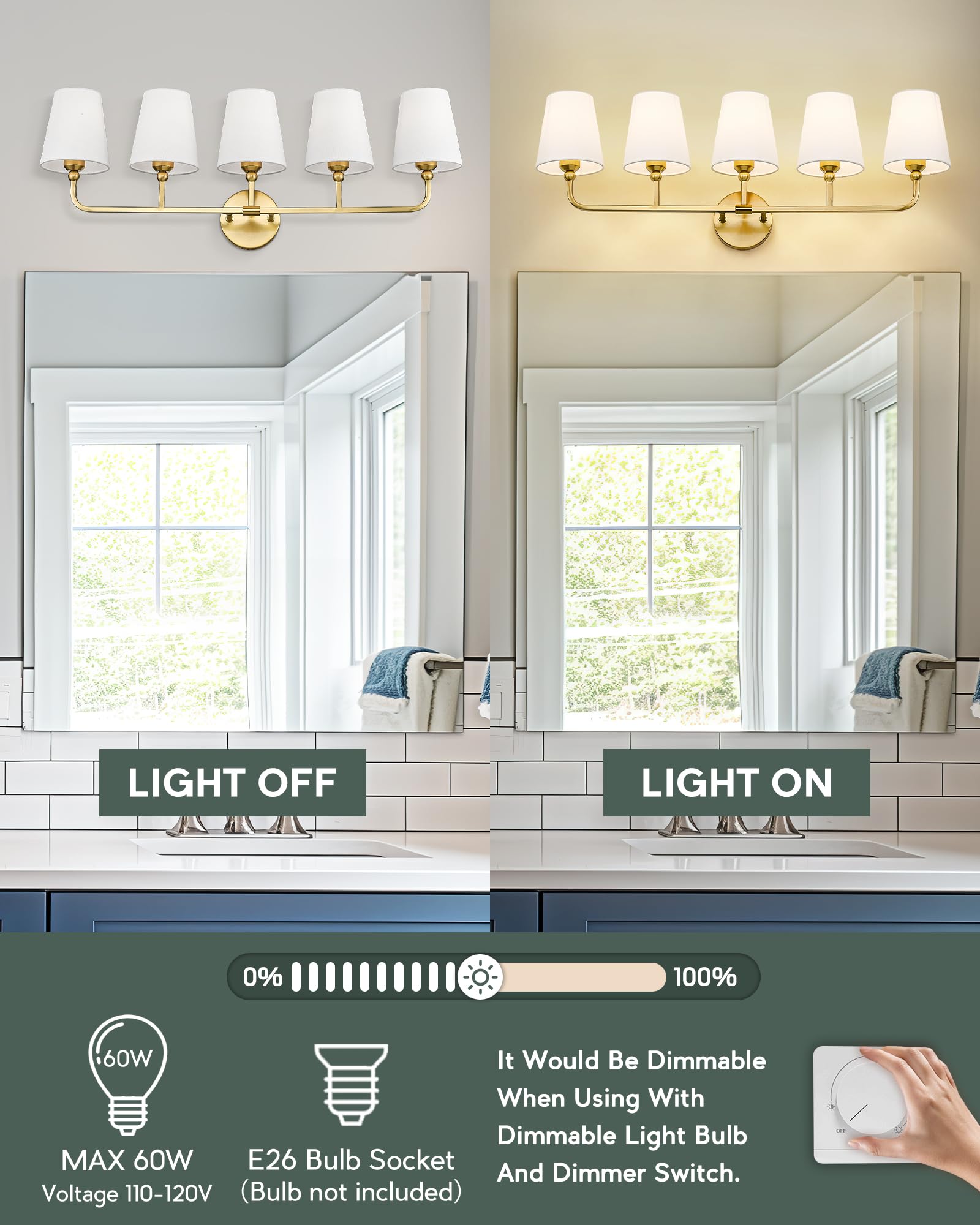 Metwet Bathroom Light Fixtures, 5 Light Brushed Gold Vanity Lights With Flared White Fabric Shade, 35 Inch Wall Sconce, Modern S