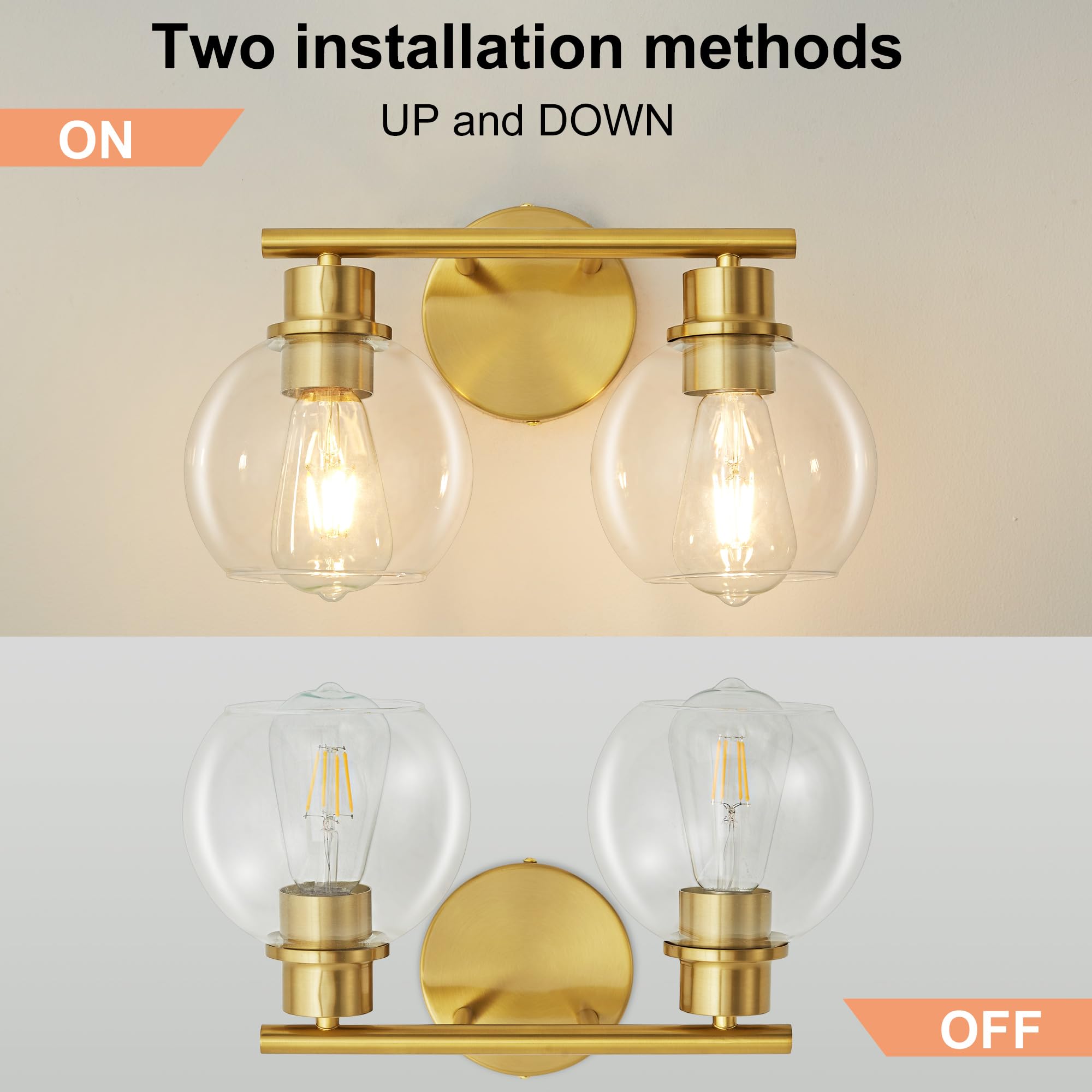 Lanmate Bathroom Vanity Light Fixture, 2-Light Brushed Brass with Clear Glass Shade, Model L1746, 13.8 Inch, Gold