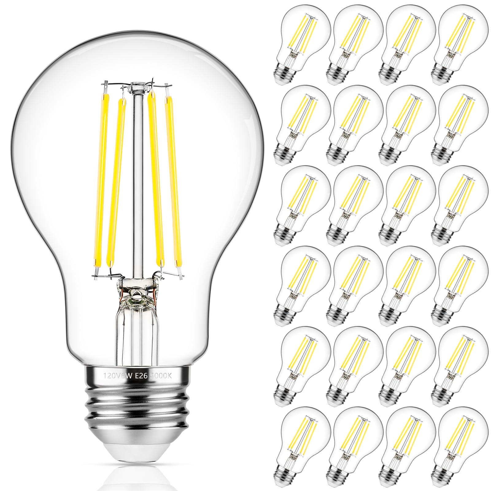 MAXvolador 60W Equivalent E26 LED Filament Light Bulbs, 850LM Daylight White 5000K LED Edison Bulb, Non-Dimmable 6W A19 LED Bulb Medium Base, 24-Pack