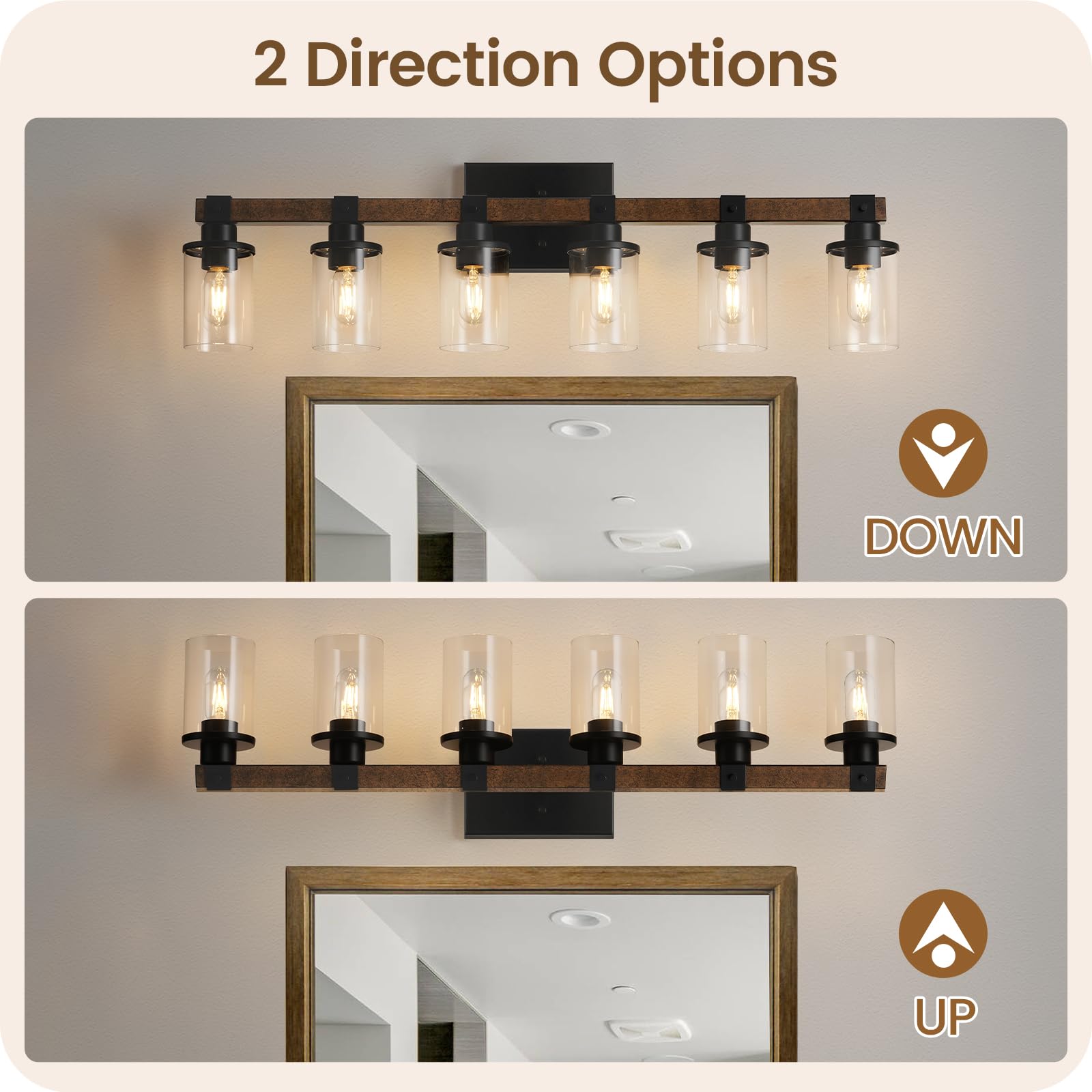 GOEBLESON 6-Light Bathroom Light Fixture, Rustic Bronze Vanity Lights, Metal Glass Shade, Model F12BD05