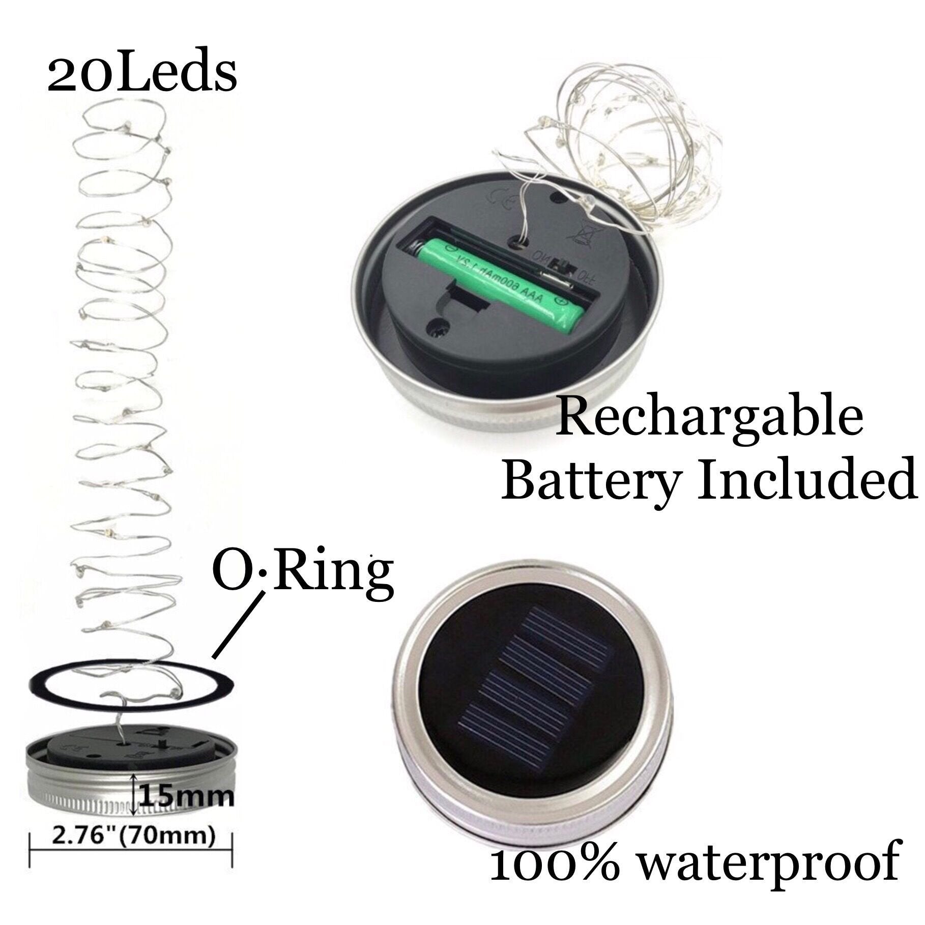 Solar Mason Jar Lid String Lights, 8 Pack 20 Led String Fairy Star Firefly Jar Lids Lights With 8 Hangers Included (Jars Not Inc