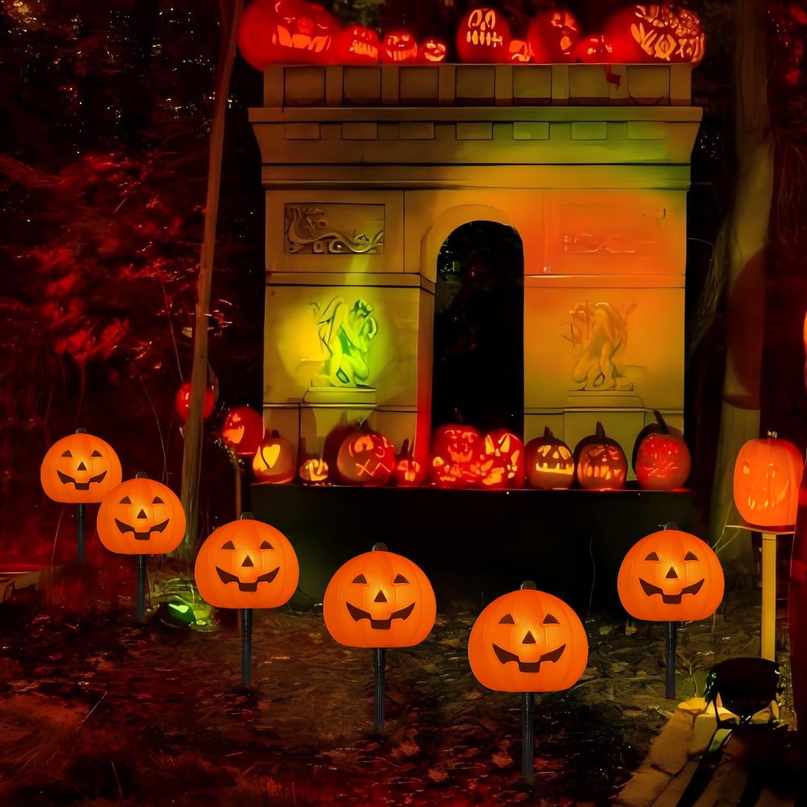 Egcol 4 Pack Halloween Pumpkin Pathway Lights - 7Ft Outdoor Decorative String Lights with 4 Jack-O-Lantern Stake Lights for Hall
