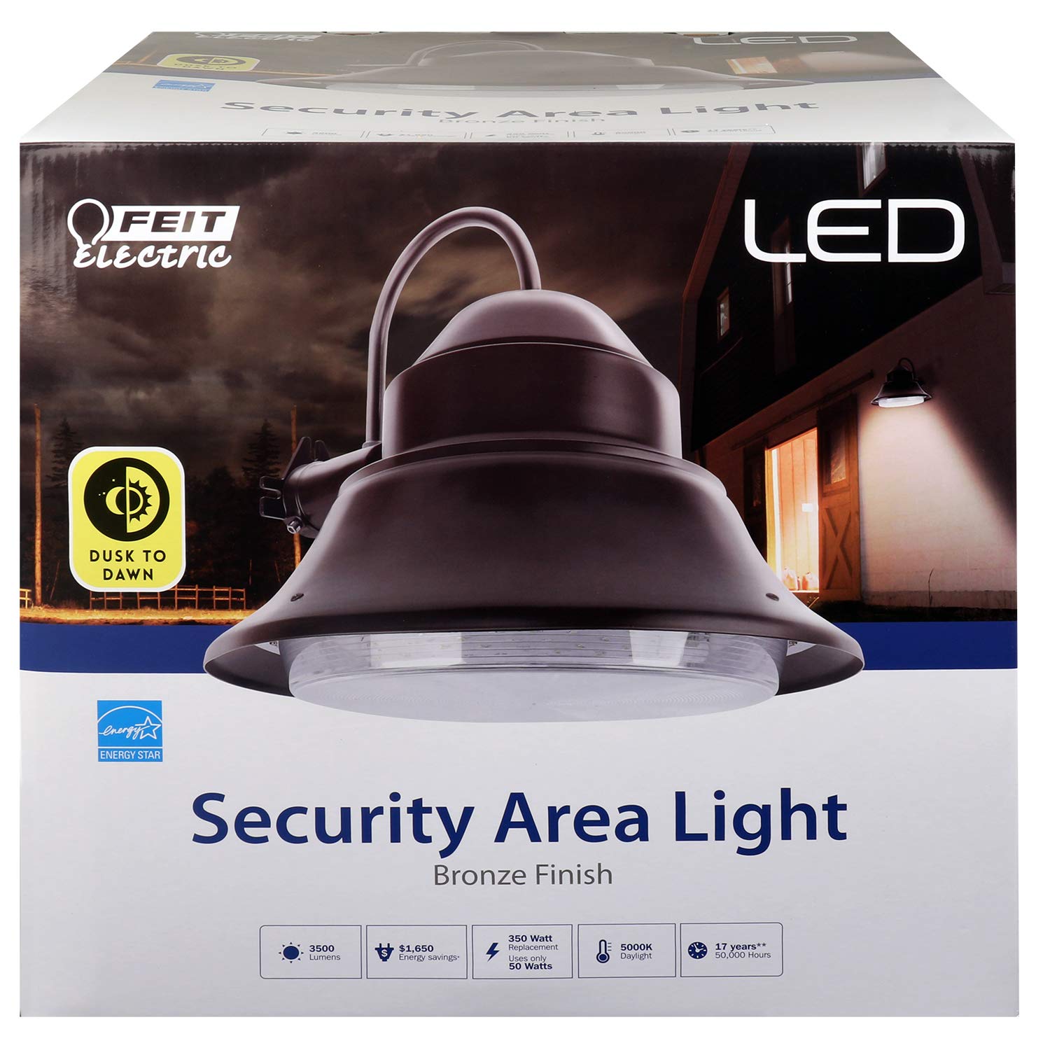 Feit Electric LED Yard Light 350W Equivalent 50W 3500 Lumen Dusk to Dawn Outdoor Light 5000K Daylight Wall/Post Bronze Model 73700