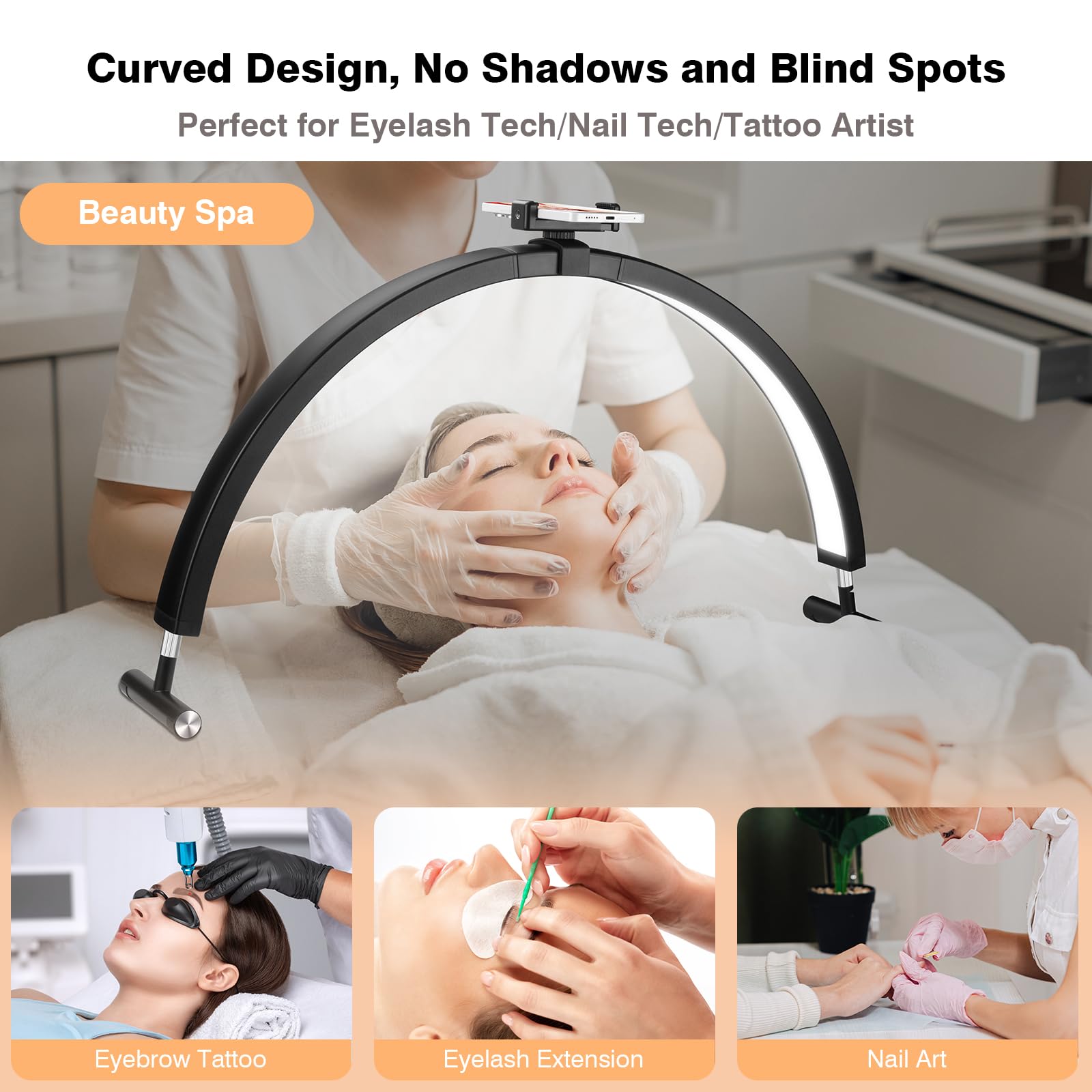 Mznoo Half Moon Nail Desk Light, 45W Dimmable, 30in, Black, Phone Holder, 3200K-6500K, Model MZ-DL30