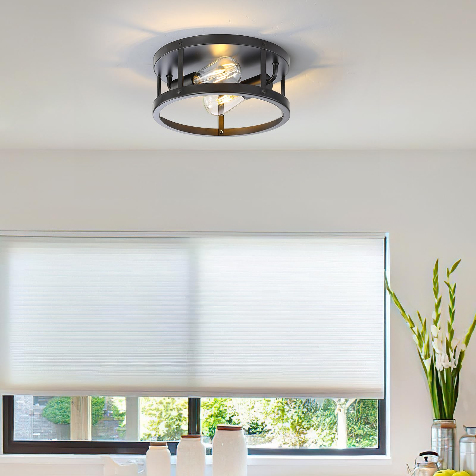Eietonte Farmhouse Semi Flush Mount Ceiling Light, 11inch Black Metal Cage, 2-Light Industrial Fixture, Model EIECL003-BL1P
