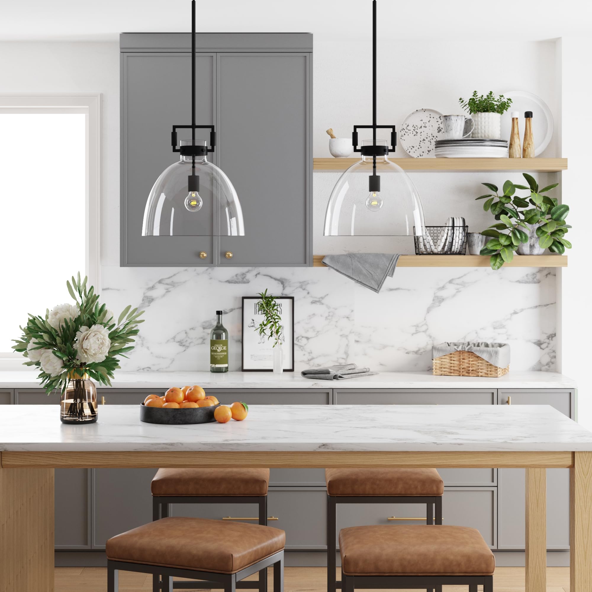 Nathan James Leigh Pendant Lighting, Black Hanging Ceiling Light With Oversized Glass Shade And Adjustable Cord, For Kitchen Isl