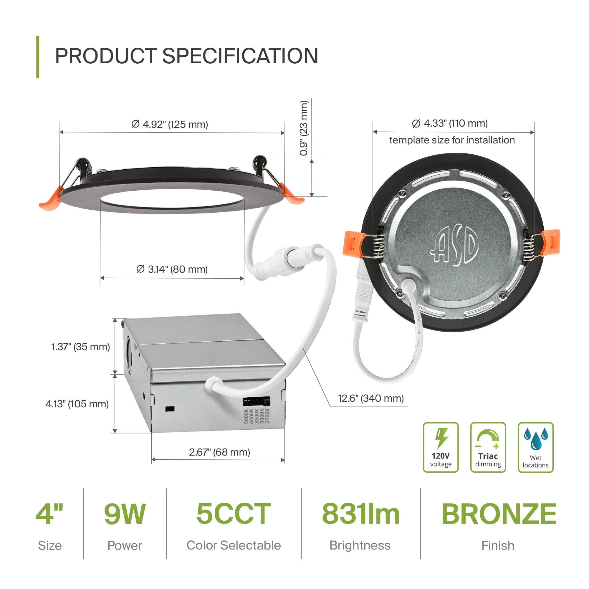 Asd 6 Pack Led Recessed Lighting 4 Inch 9W  5 Cct 2700K-5000K Cri90+  Ic Rated Ultra Thin Dimmable Ceiling Lights With J Box  Canless Wafer Downlight  Round Slim Panel Light  Energy Star Etl  Bronze