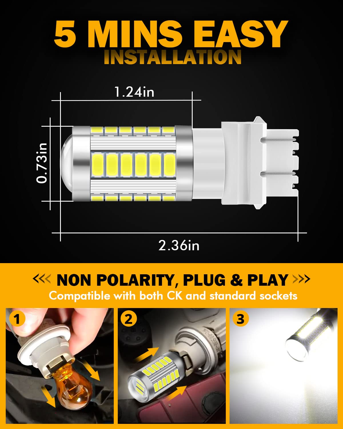 Auxbeam T25 LED Bulbs, 6500K White, Super Bright 3156 3157 Backup Reverse Lights, Pack of 2