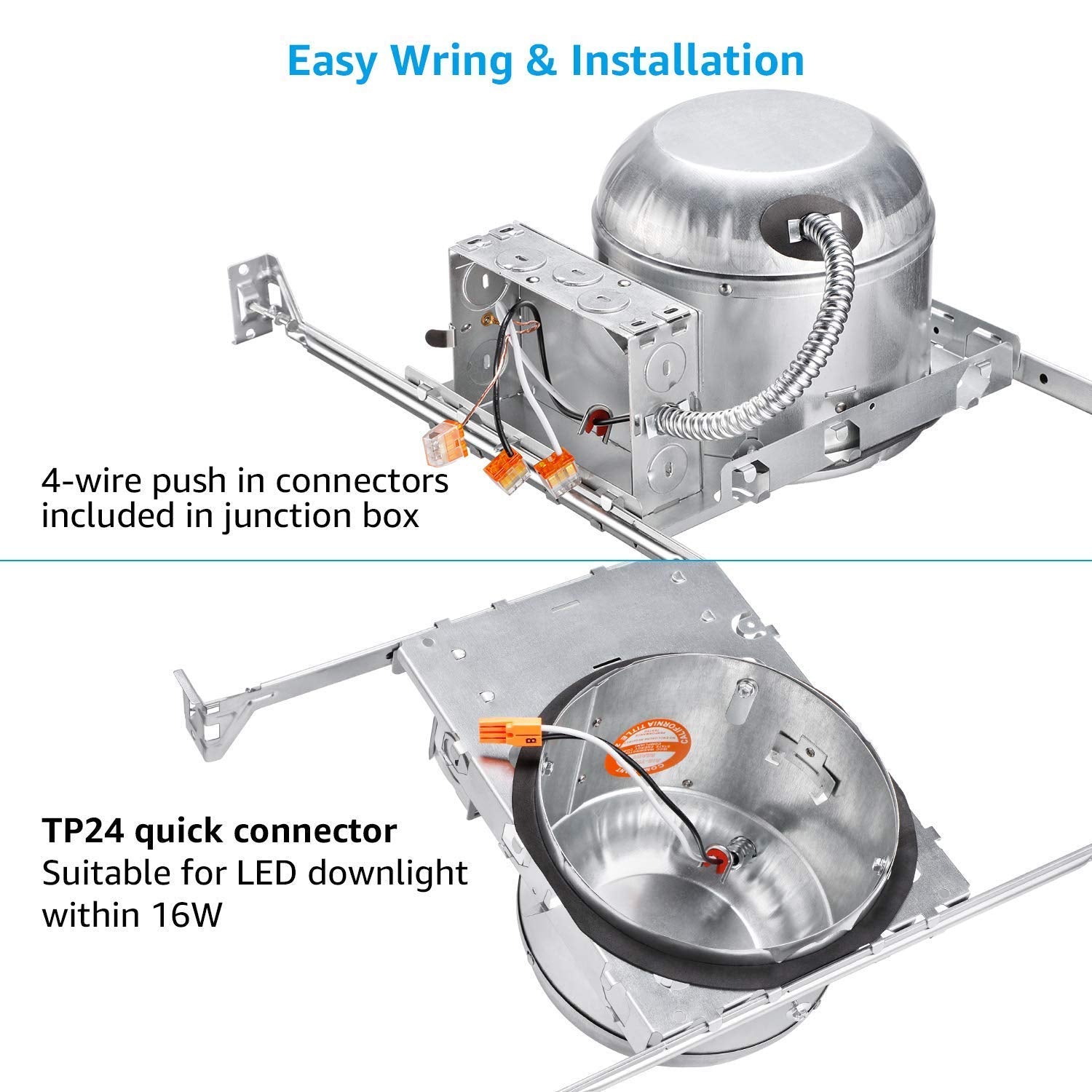 TORCHSTAR 6 Inch Shallow Recessed Lighting Housing, IC Rated, Air Tight, ETL Listed, Metal, Model XO1NCRH-6TP24-S-8P,