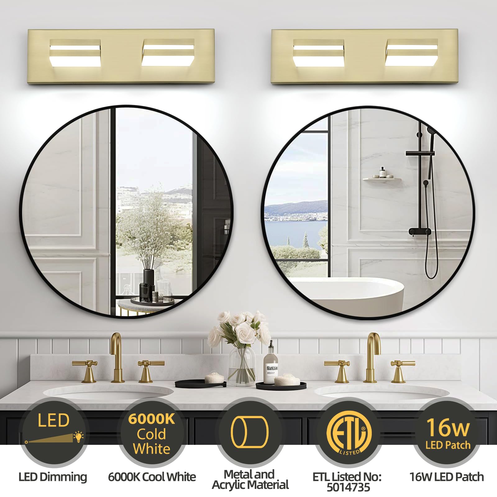 OKELI 2-Light Bathroom Vanity Light Fixtures, Gold Dimmable, 15.5 Inch, Aluminum, Model OK-9553-2T-GL, Modern Wall Mounted, 600