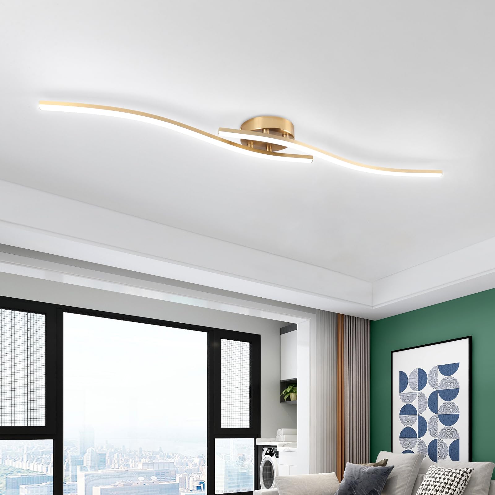 HLILCEH 28W Linear Ceiling Light Gold Modern LED Ceiling Light Fixture 6000K Aluminum 39.37Inch Long Ceiling Lamp for Hallway, K