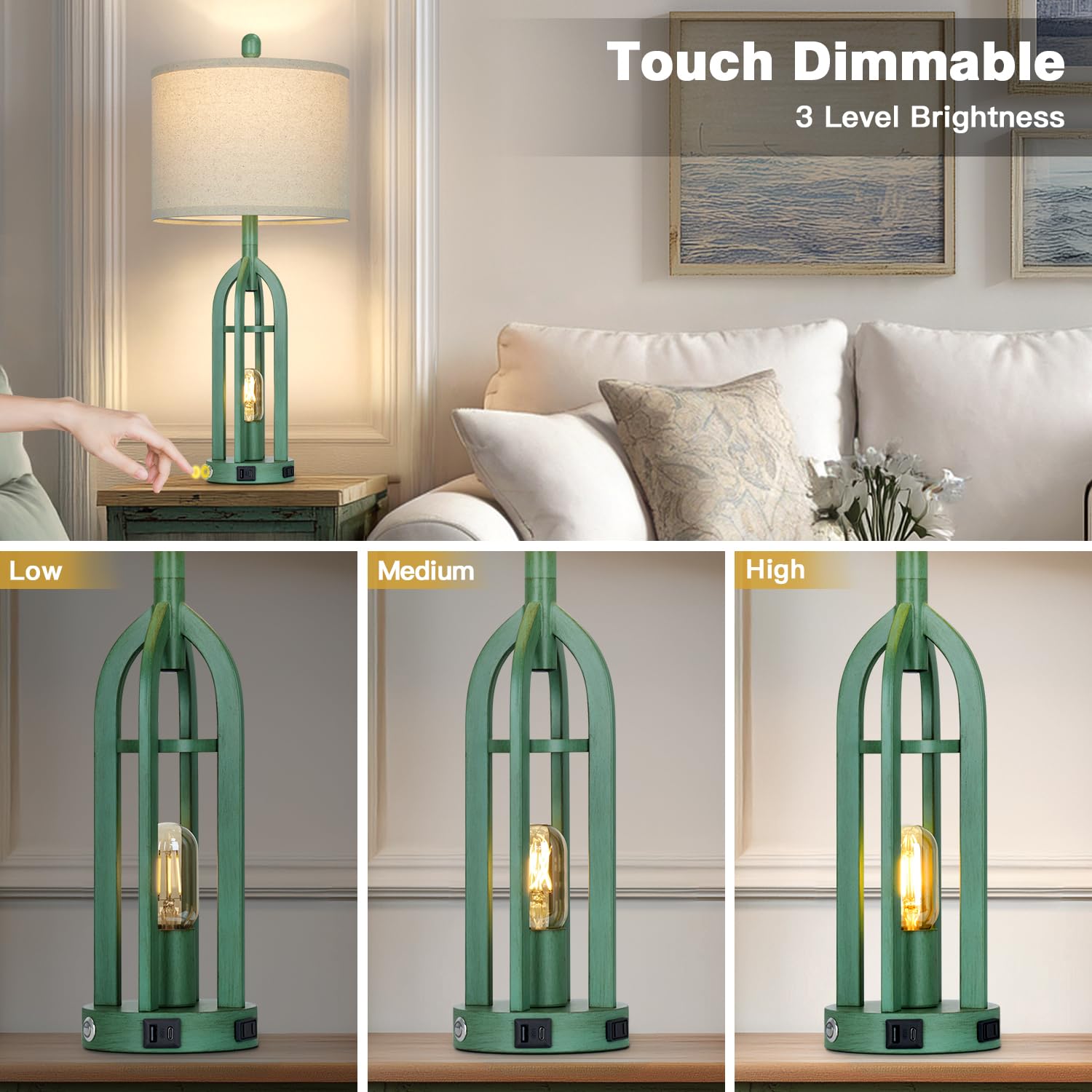 Cinyirong 27" Tall Coastal Lamp, Retro Green Vintage USB Table Lamp, 3-Way Dimmable Touch Control, Metal for Bedroom, Nightstand