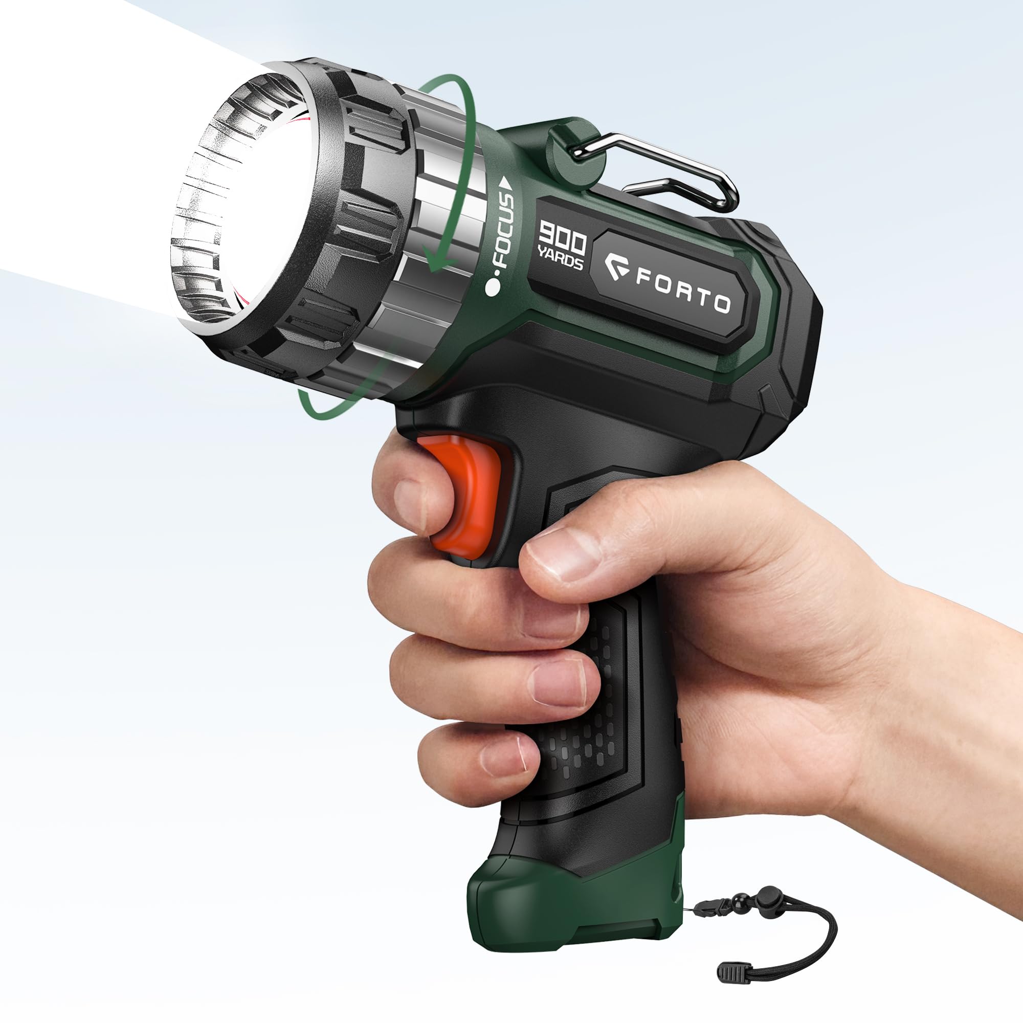 Forto Compact Rechargeable Spotlight With Adjustable Focus, Handheld Spotlight With Stand, 823M Range, 3 Light Modes And Led Spo