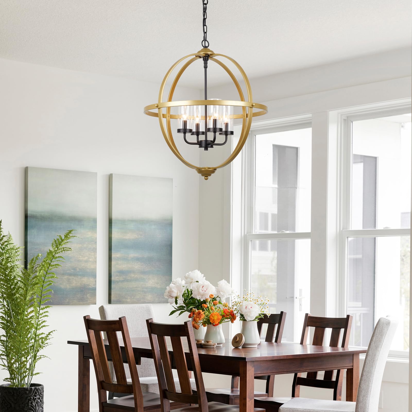 Treekee 4-Light Globe Orb Chandelier, Adjustable Iron Pendant Light, 20'' Black and Gold Finish for Dining Entryway Foyer
