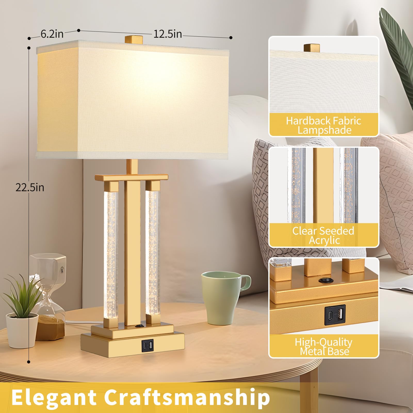 Lovlast Gold Lamps Set Of 2, 3-Way Lighting Modes Bedside Gold Lamps For Nightstand, Bedroom Table Lamps With Usb Charging Port