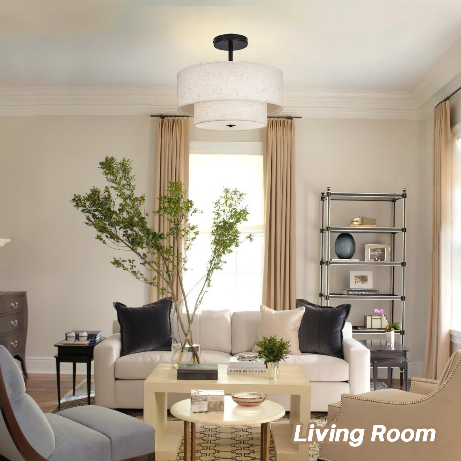 Hiluxia 18 Inch Large Semi Flush Mount Ceiling Light Fixture With Dual Drum Design, Farmhouse Fabric Linen Shade For Bedroom, Li