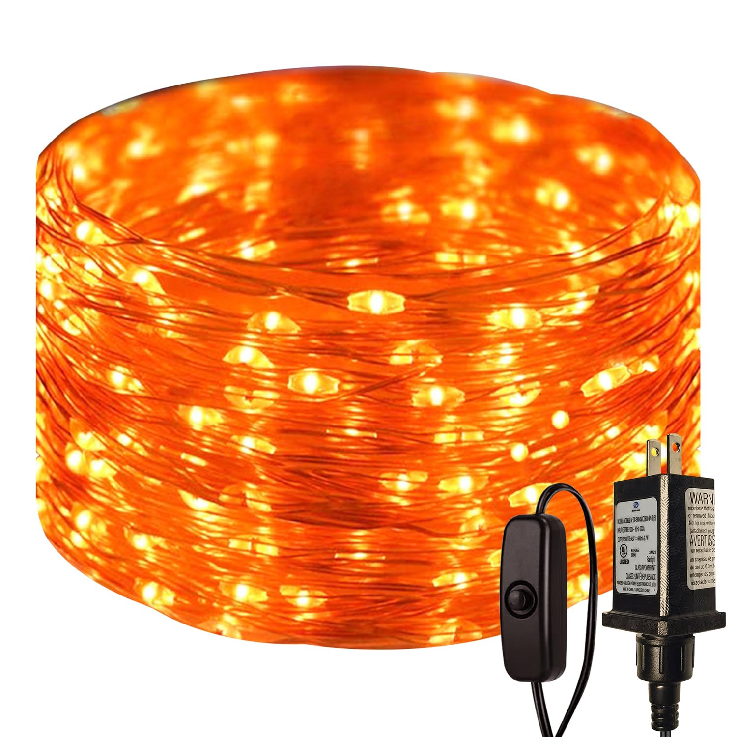 RUICHEN Plug in Fairy Lights with Switch  Waterproof 33 Ft 100 LED Silver Wire Starry String Firefly Lights for Christmas  Halloween  Thanksgiving  Parties  Ceiling  Vases  Craft  Orange