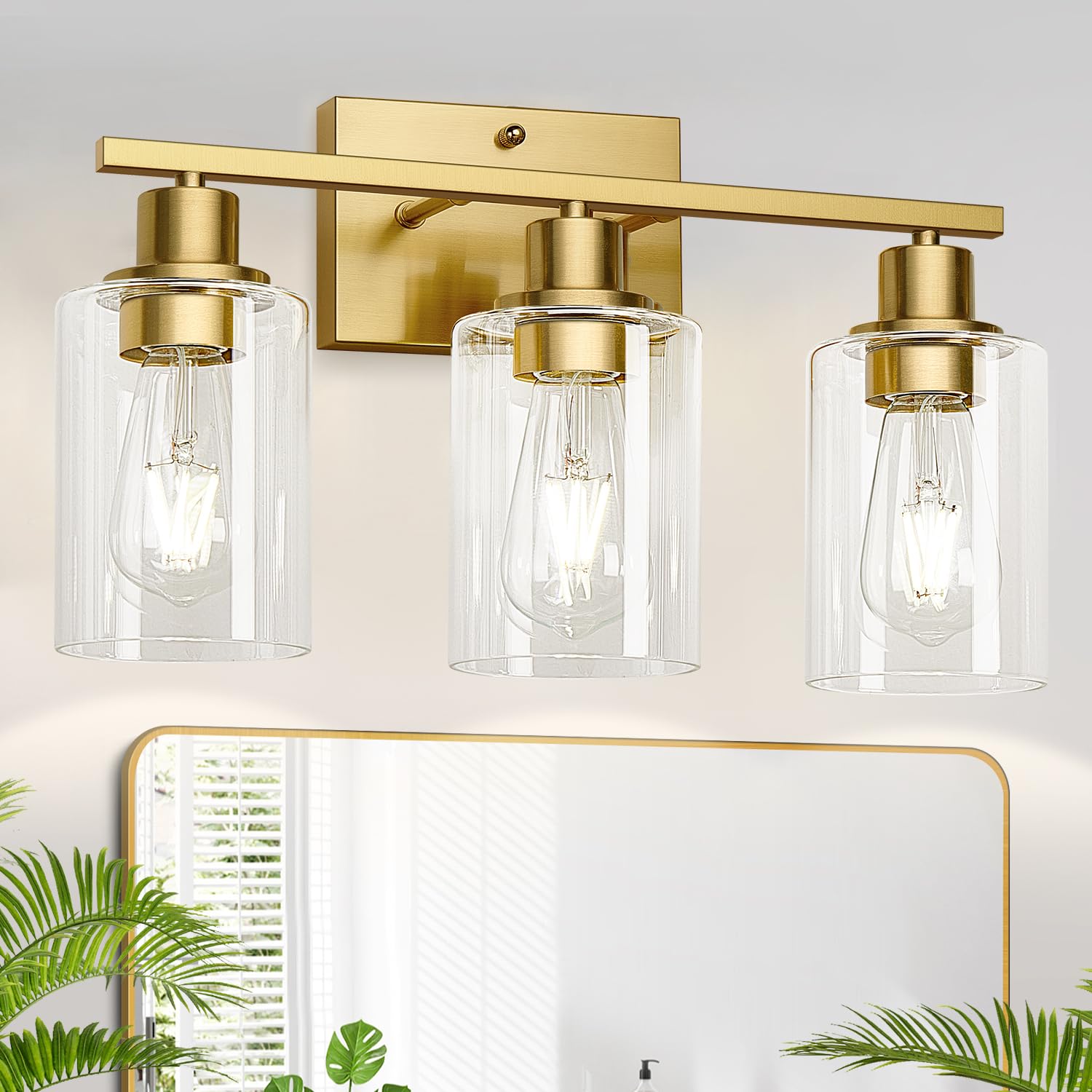 MOKATNG 3-Light Bathroom Light Fixtures  Vanity Light with Clear Glass Shades  Brushed Gold Bathroom Light Fixtures Over Mirror  Modern Bathroom Wall Lamp for Mirror Living Room Cabinet Bedroom