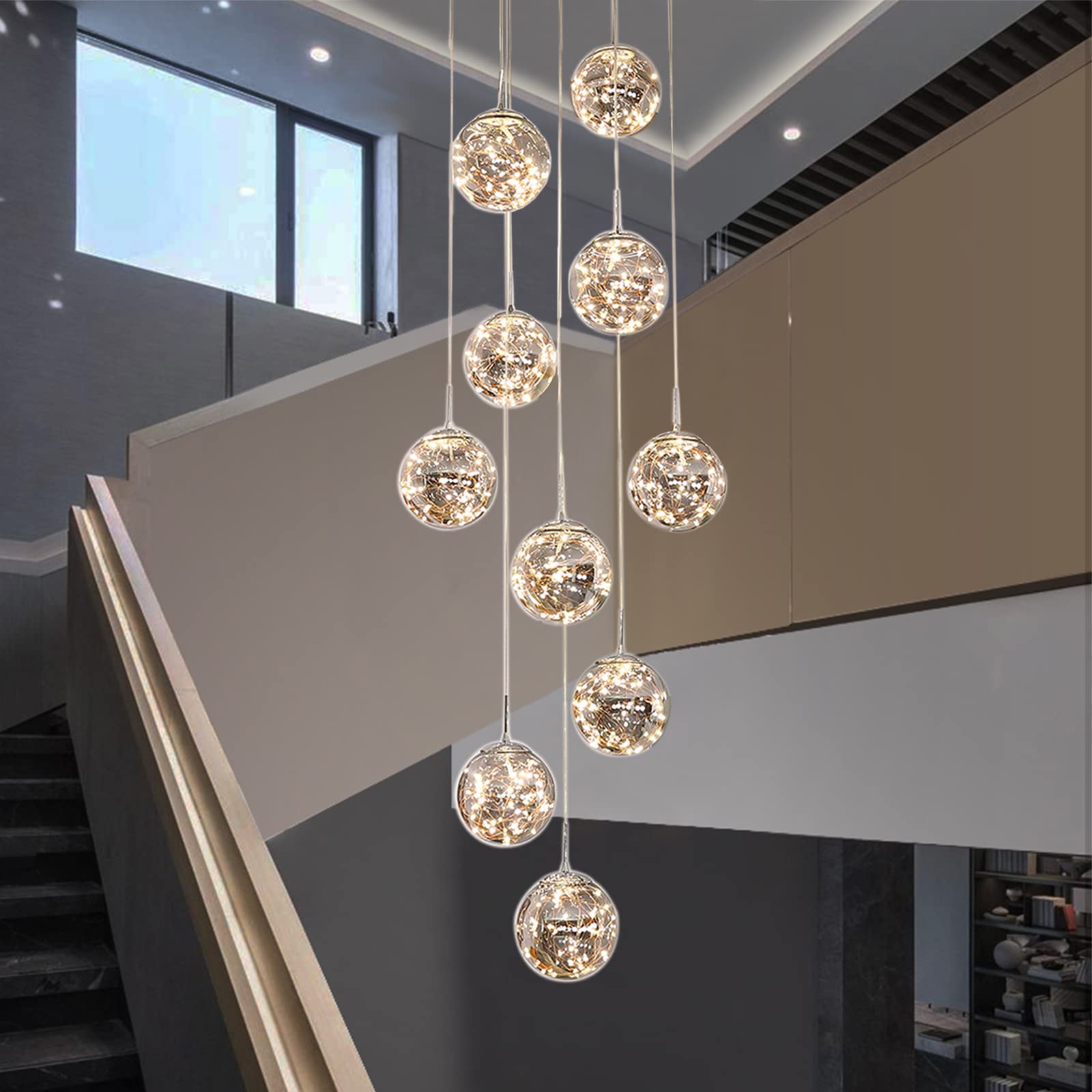 KAUCQI 10-Light LED Chandelier, Metal Crystal Ceiling Light, Adjustable 16inW x 79inH, Gray, Model ZG-1001