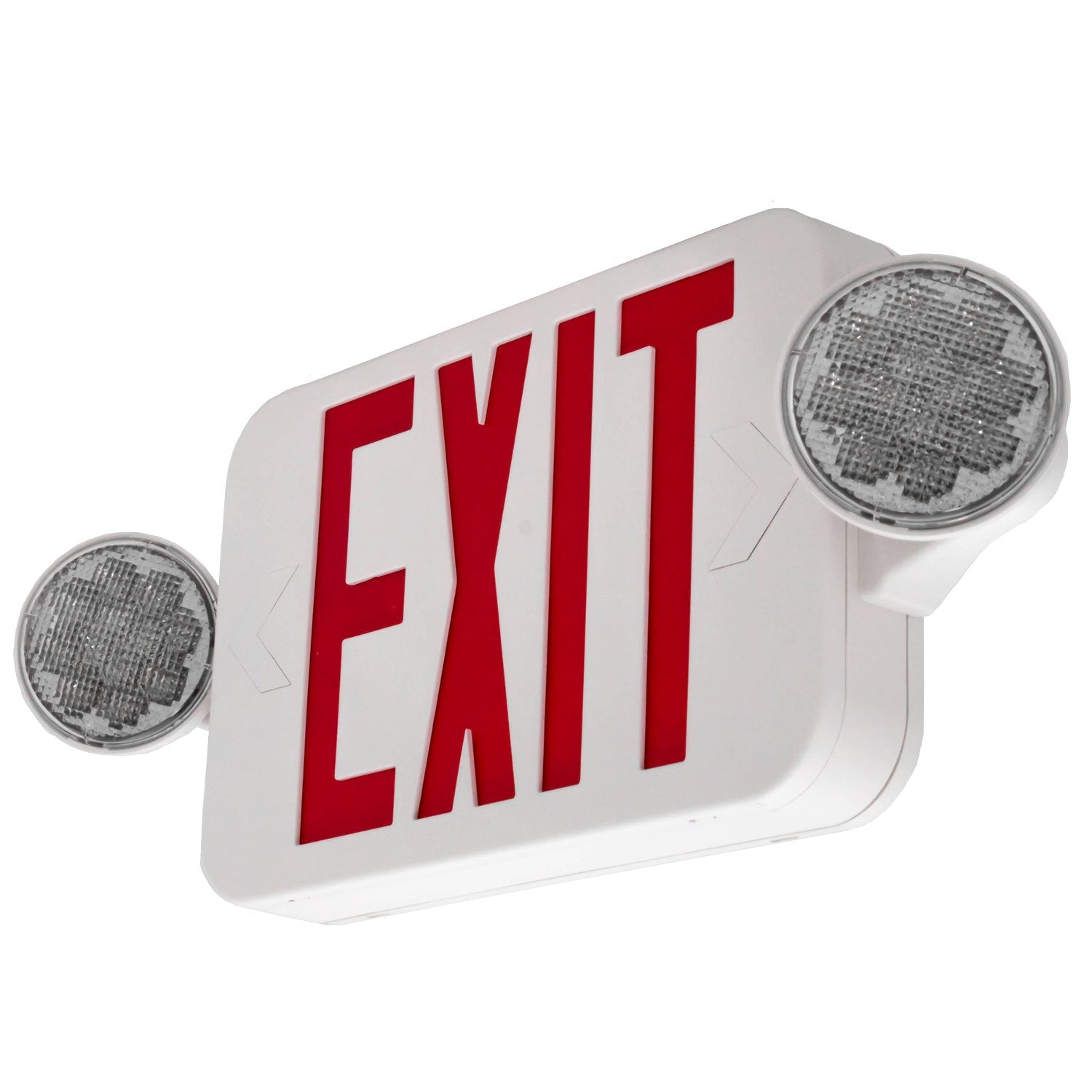 Lfi Lights | Combo Red Exit Sign With Emergency Lights | White Housing | All Led | Two Adjustable Round Heads | Hardwired With Battery Backup | Ul Listed | (2 Pack) | Combojr2-R