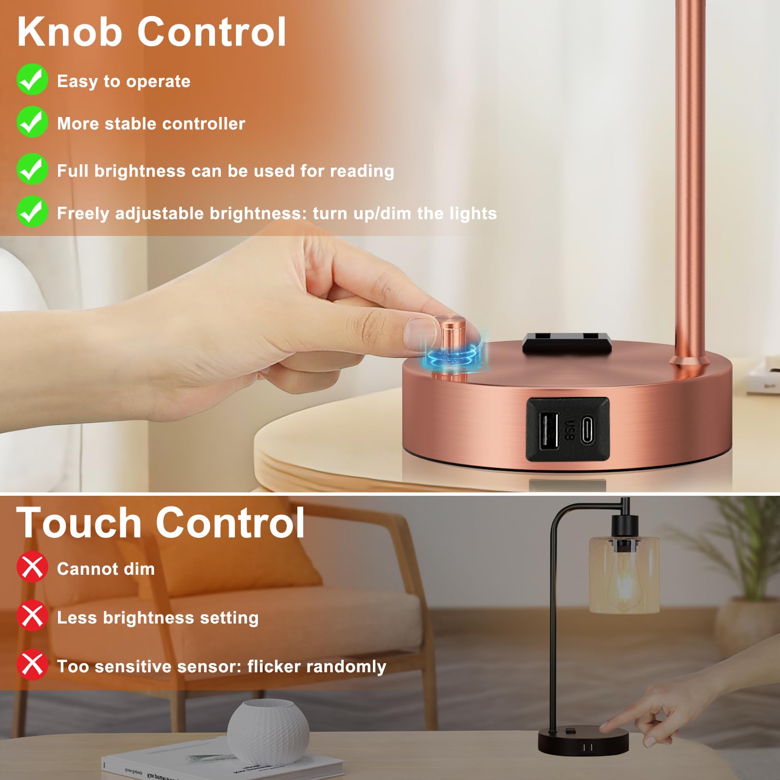 Innqoo Industrial Table Lamps For Bedrooms Set Of 2 - Fully Dimmable Bedside Lamps With Usb Ports And Outlet, Copper Nightstand