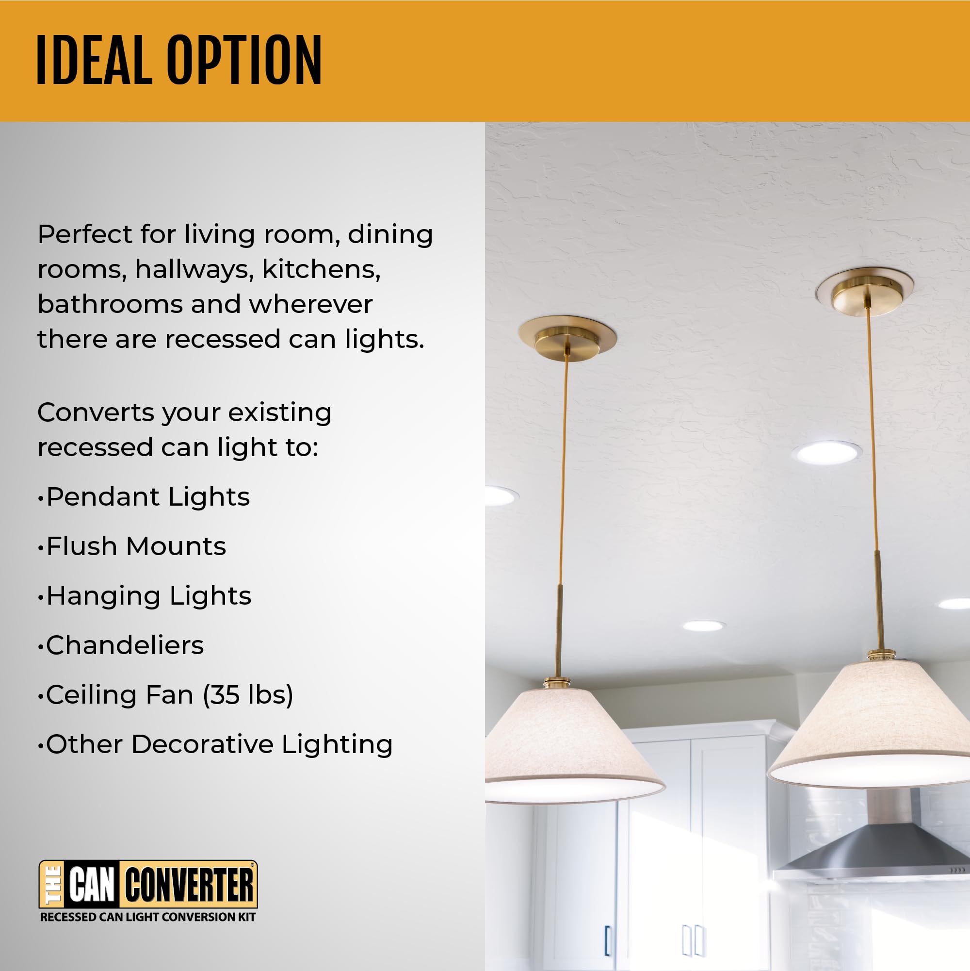 The Can Converter - R56, Recessed Can Light Conversion Kit, For Ceiling Light Fixture, Pendant Light, Hanging Light, Ceiling Fan, With 7’¾ Inch Flat, Steel, Ceiling Medallion, Polished Chrome