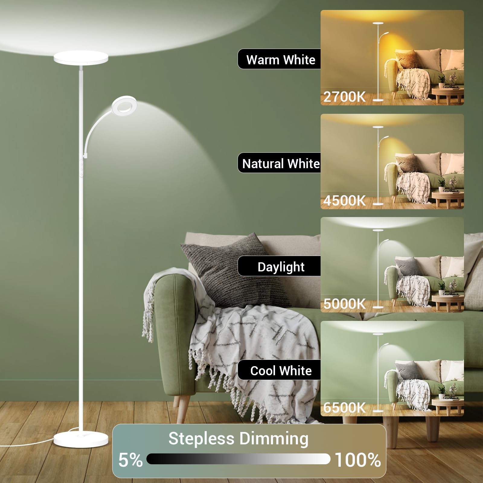 marctronic 42W White Floor Lamp - 4000LM Super Bright LED, Dimmable with Remote & Touch Control, Adjustable Reading Light for Bedroom & Office