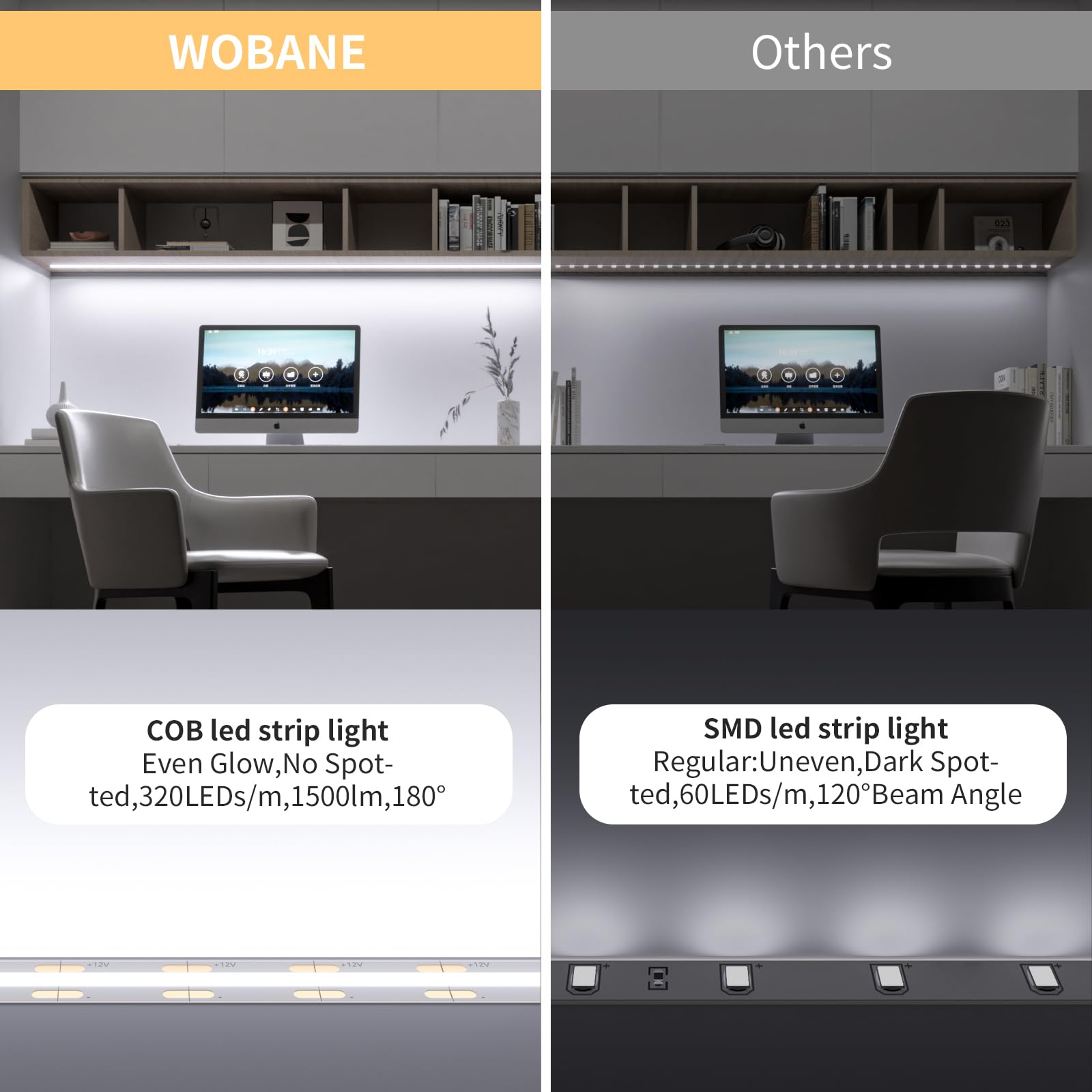 Wobane White Cob Led Strip Light With Remote Control,9.8Ft White Cob Light Strip,Dimmable Cabinet Lights For Kitchen,Ceiling, Room, Closet,Counter,Cri90+,6000K White,1500Lm,Etl Adapter
