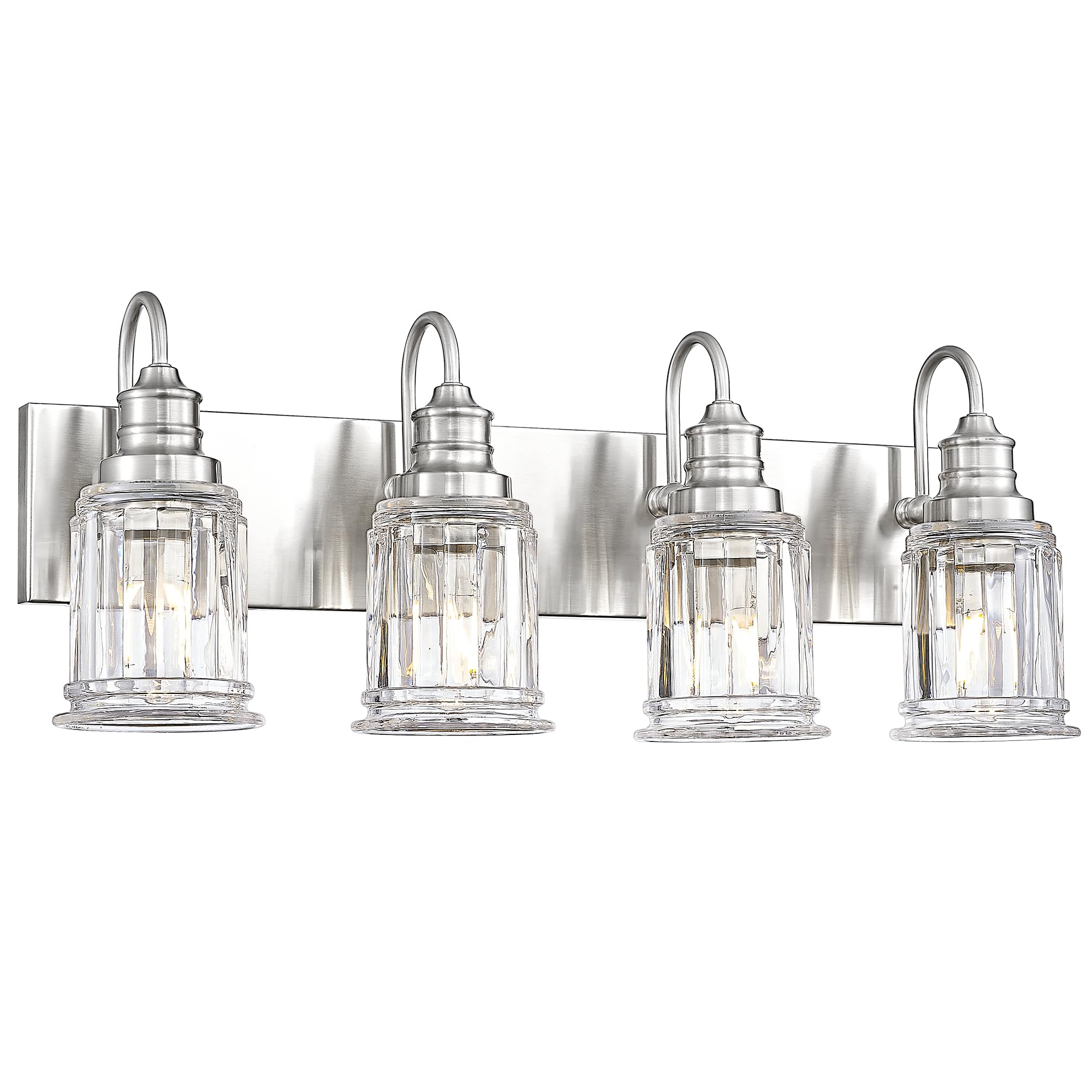 Brushed Nickel Bathroom Light  HWH 4-Light Vanity Lights for Bathroom Vanity Sconce Over Mirror  Wall Mounted Light Fixtures with Bell-Shaped Banded Glass  5HZG106B-4W BN