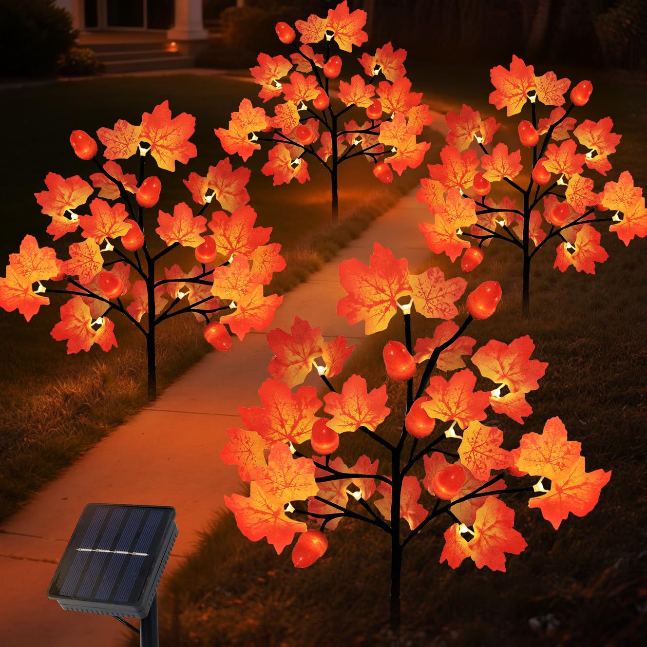 Fall Decorations Outdoor, 4-Pack 80LED Maple Leaf Acorn Yard Stake Lights, Waterproof Solar Fall Lights Thansgiving Decorations 