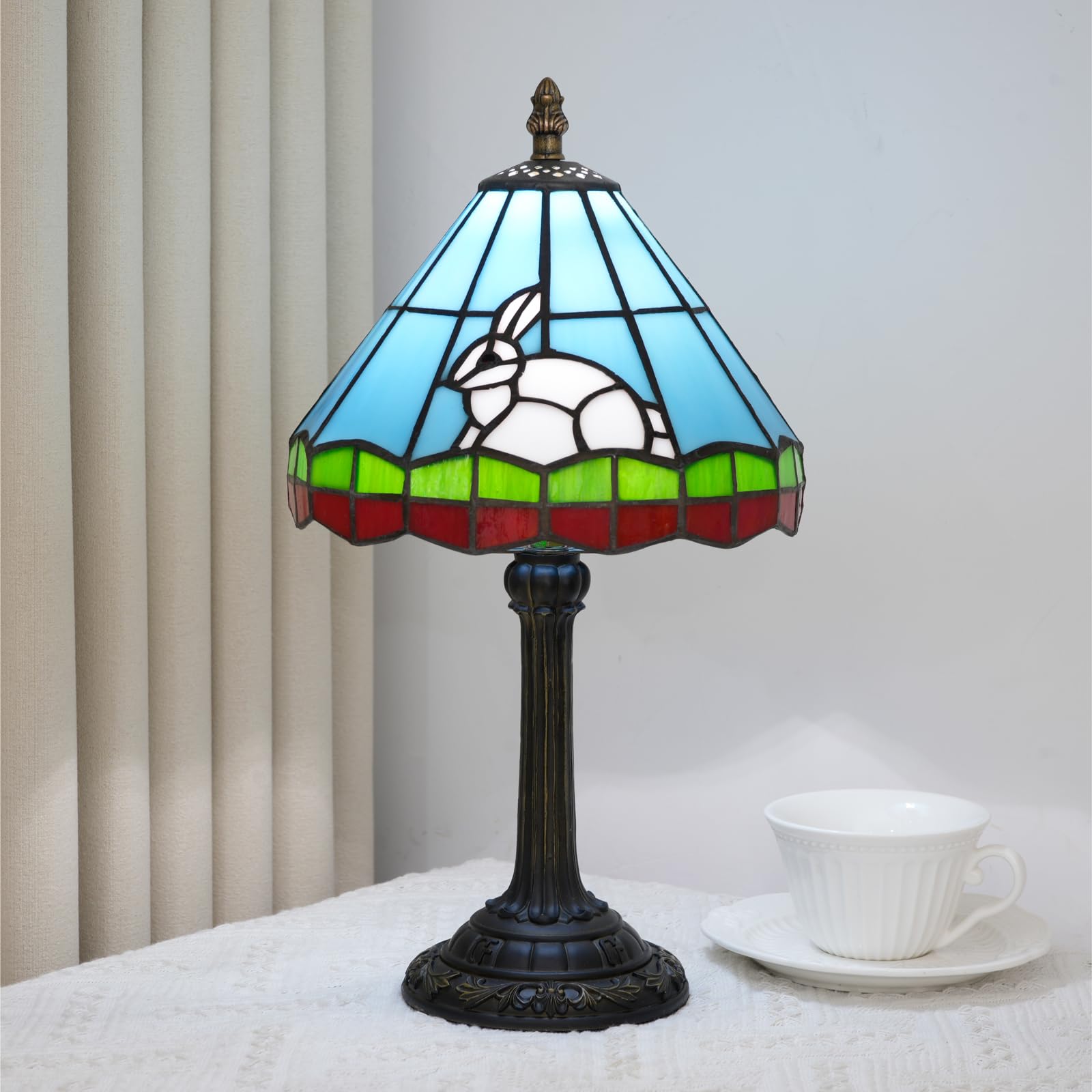 TIFLRIS Blue and White Rabbit Pattern Tiffany Style Stained Glass Small Table lamp Cute and Unique Bedside Table lamp Bedroom Di