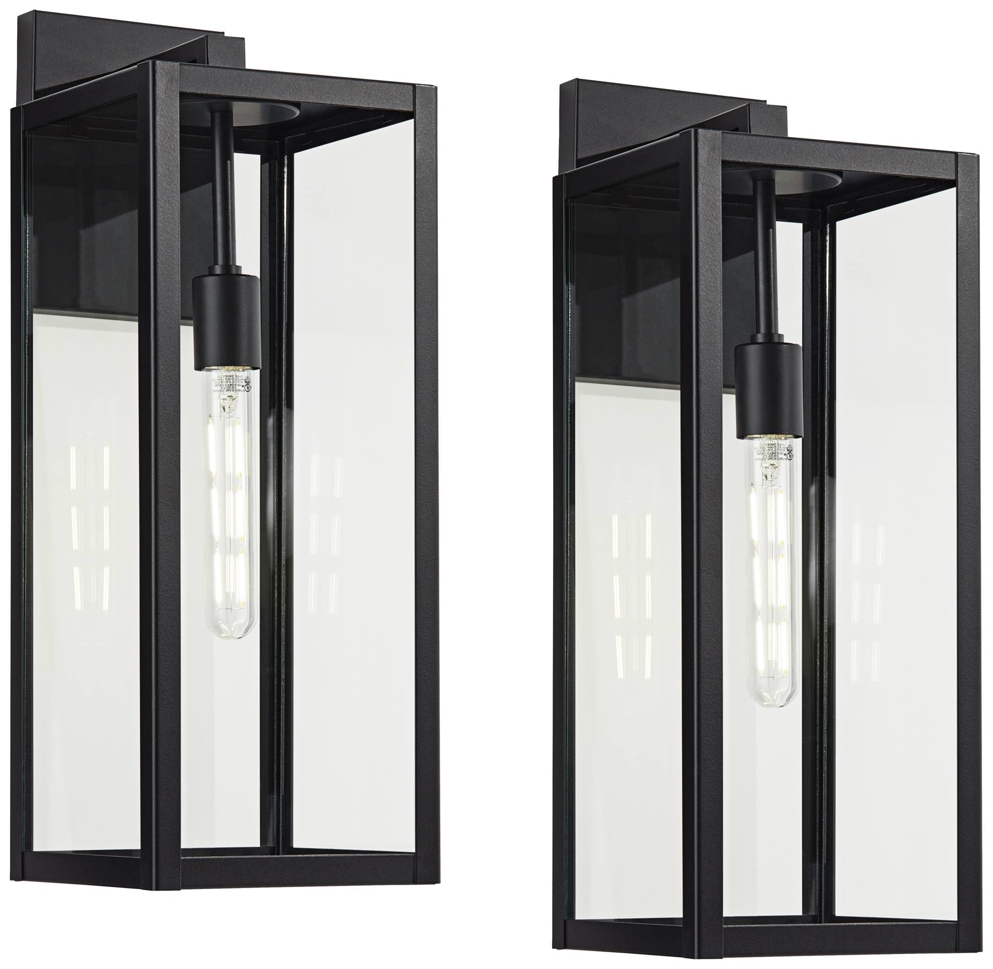 John Timberland Outdoor Wall Light Fixtures Set of 2, Black Metal, 20in Clear Glass Panels, Rectangular Box Frame