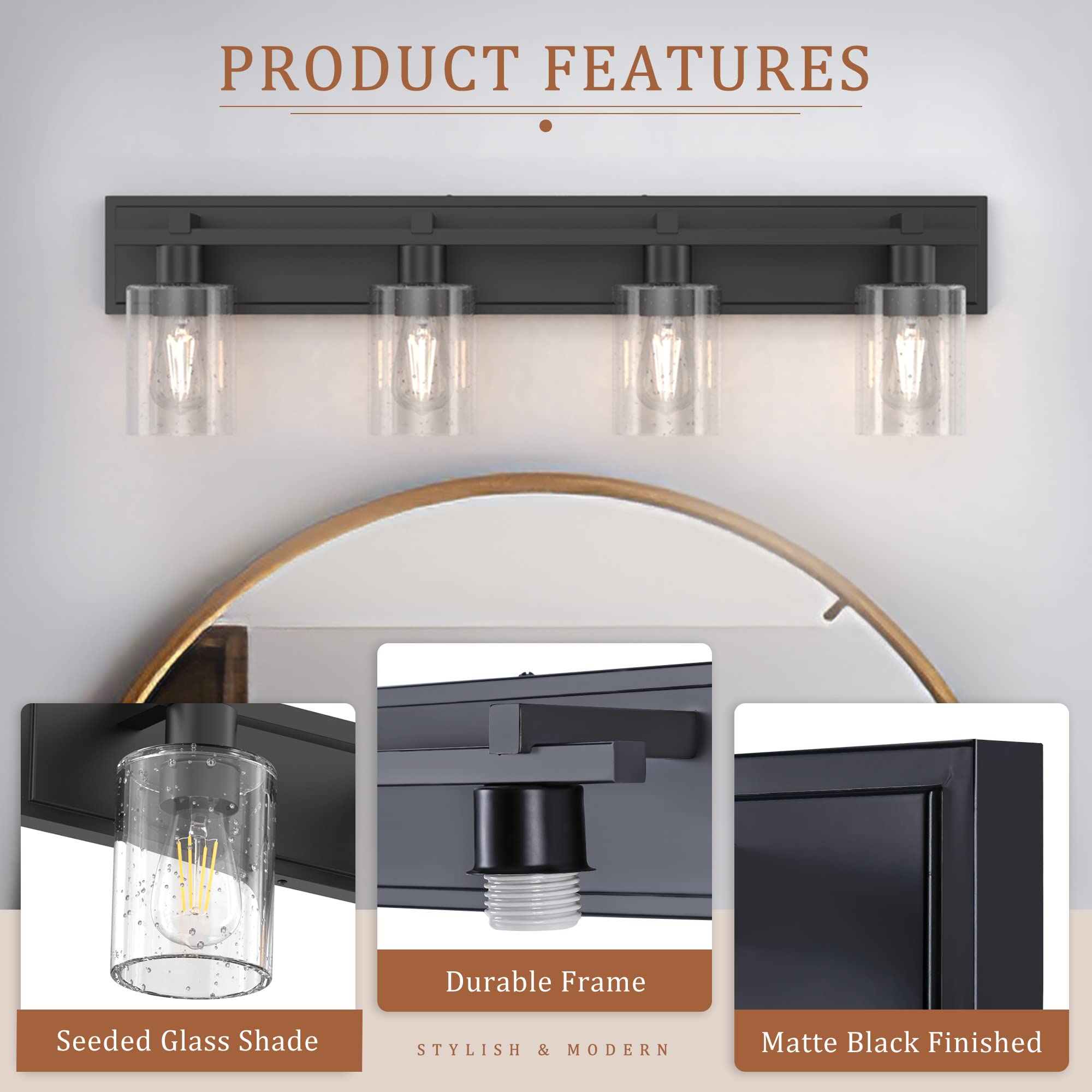 Espird Bathroom Vanity Light, 4 Light Matte Black Light Fixture With Thickened Seeded Glass Shade, 33 Inch Modern Wall Sconce,Va