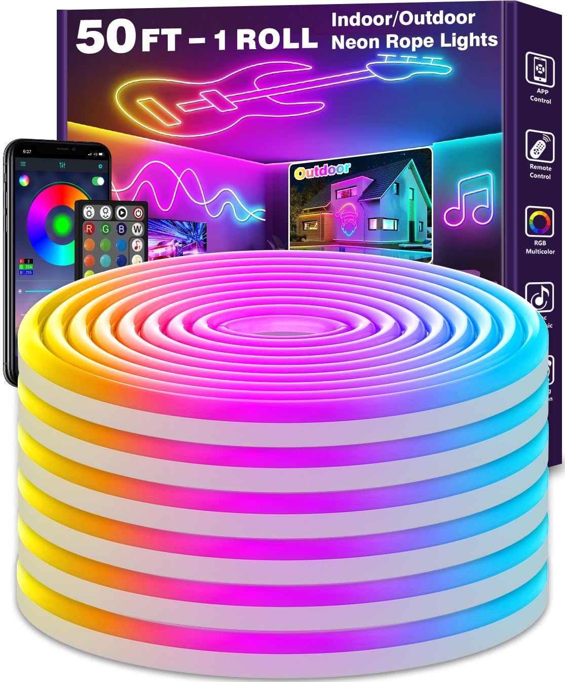 LETIANPAI LED Neon Rope Lights 50FT, RGB Silicone, IP65 Waterproof, App/Remote Control, Music Sync, Flexible Strip for Indoor/Outdoor Use