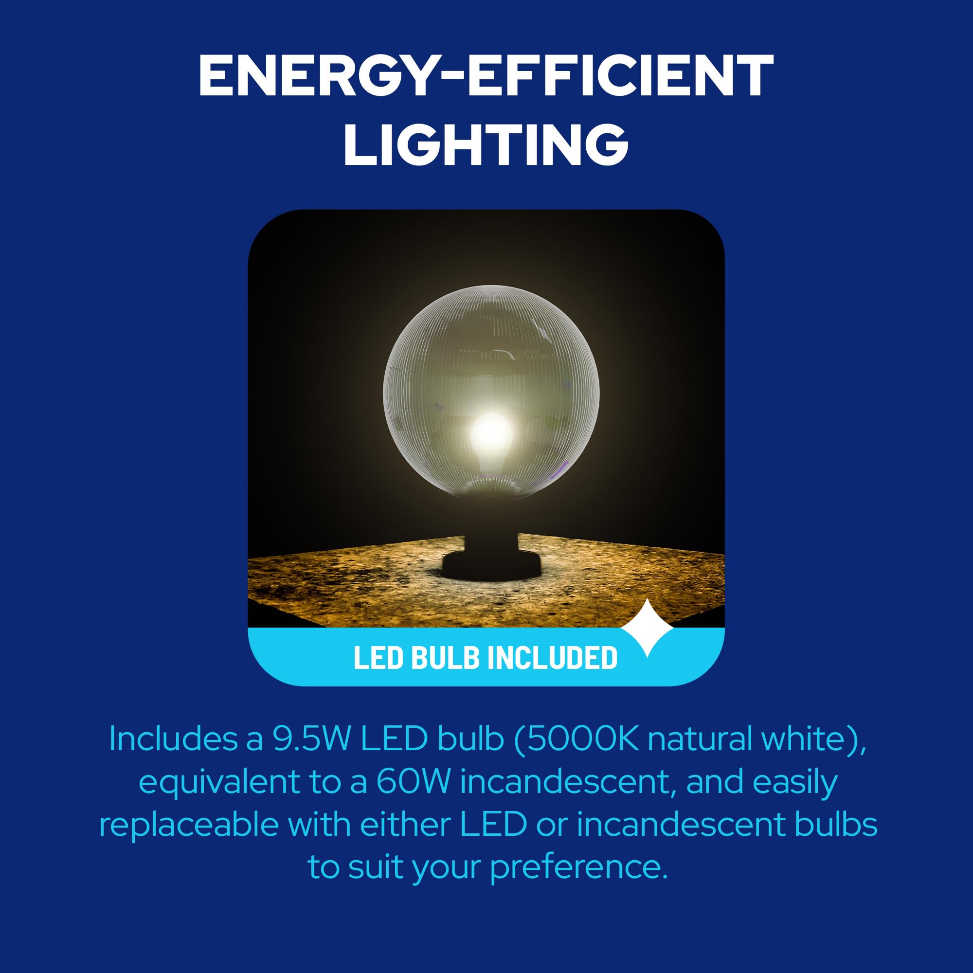Kastlite Lamp Post Globe Combo Lighting Fixture | 12 Neckless Prismatic Lens With Black Fitter Wing Clips | Fits 3 Diameter Posts (Not Included) | Comes With With 5000K Led Bulb