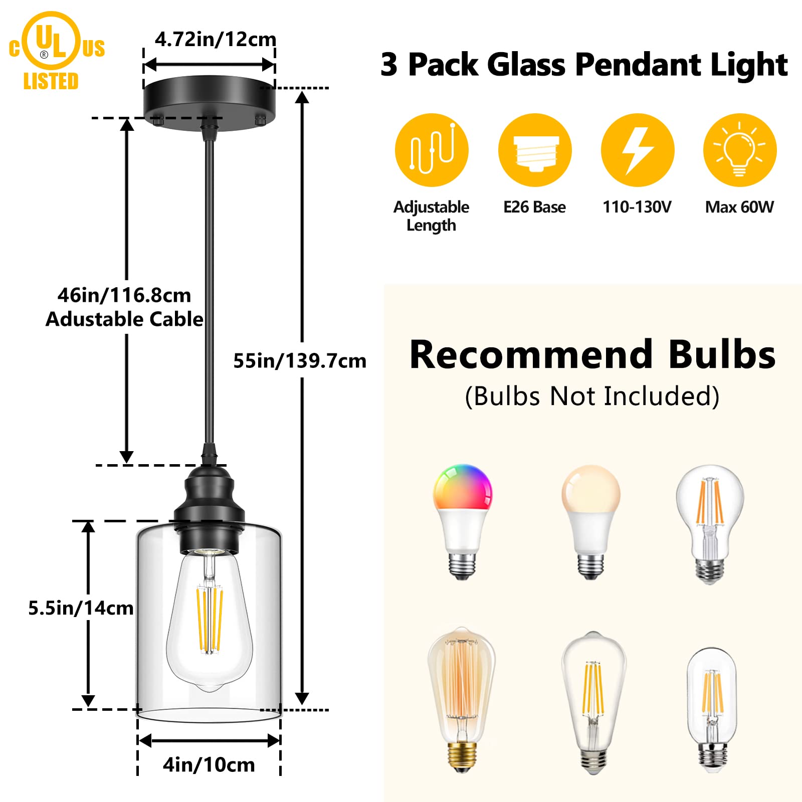Licperron 3 Pack Black Adjustable Pendant Lighting Fixtures, Metal with Clear Glass Shade, Modern Design for Kitchen and Dining Room