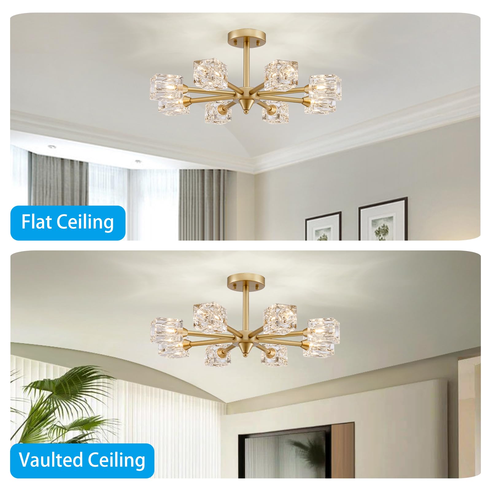 Xingqi 8-Light Semi Flush Mount Ceiling Light Fixture Modern Antique Gold Sputnik Chandeliers Fashion Lighting For Bedroom Dinin