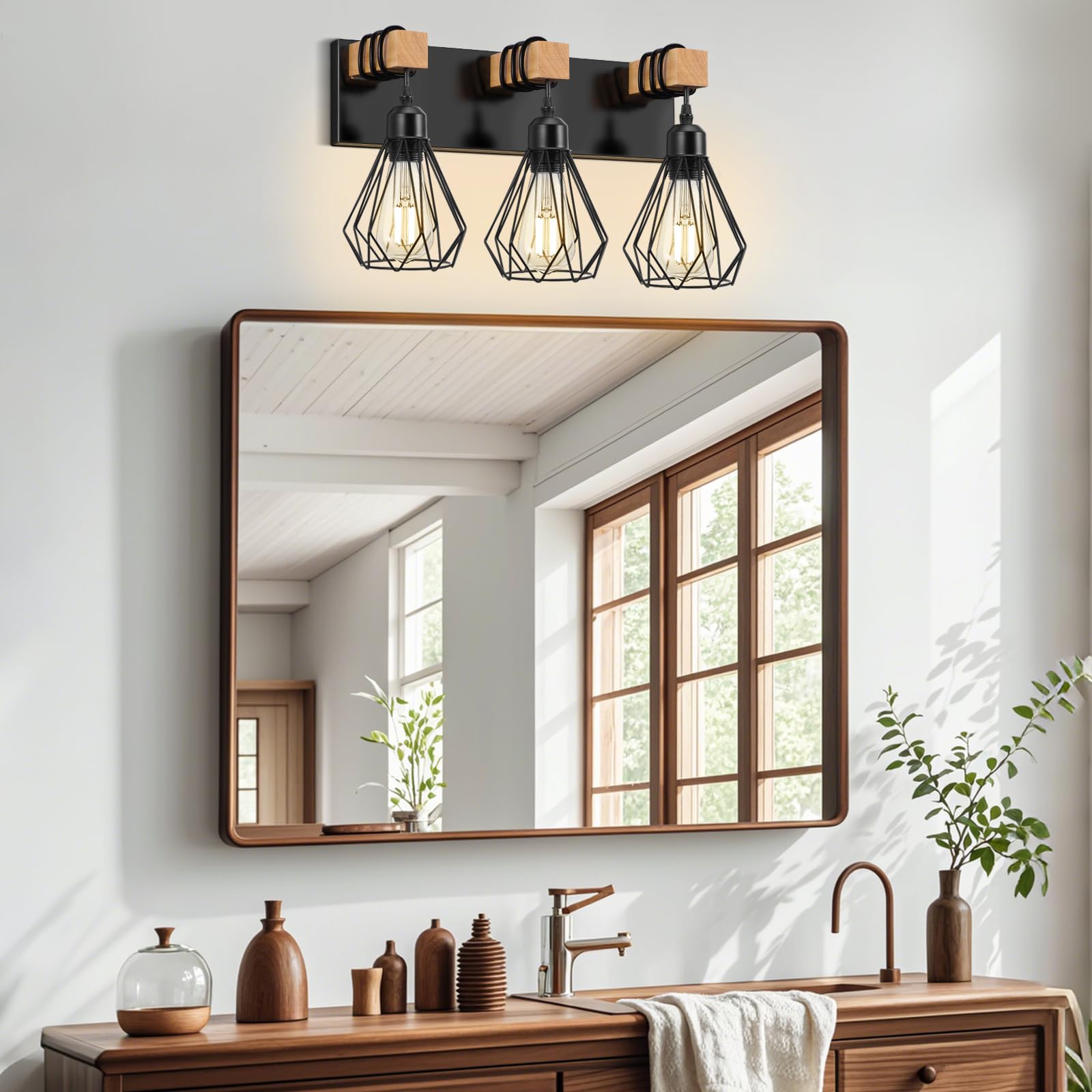 Farmhouse Bathroom Vanity Light Fixtures, 3-Light Wood Bathroom Light Fixtures Over Mirror, Black Rustic Sconces Wall Lighting W