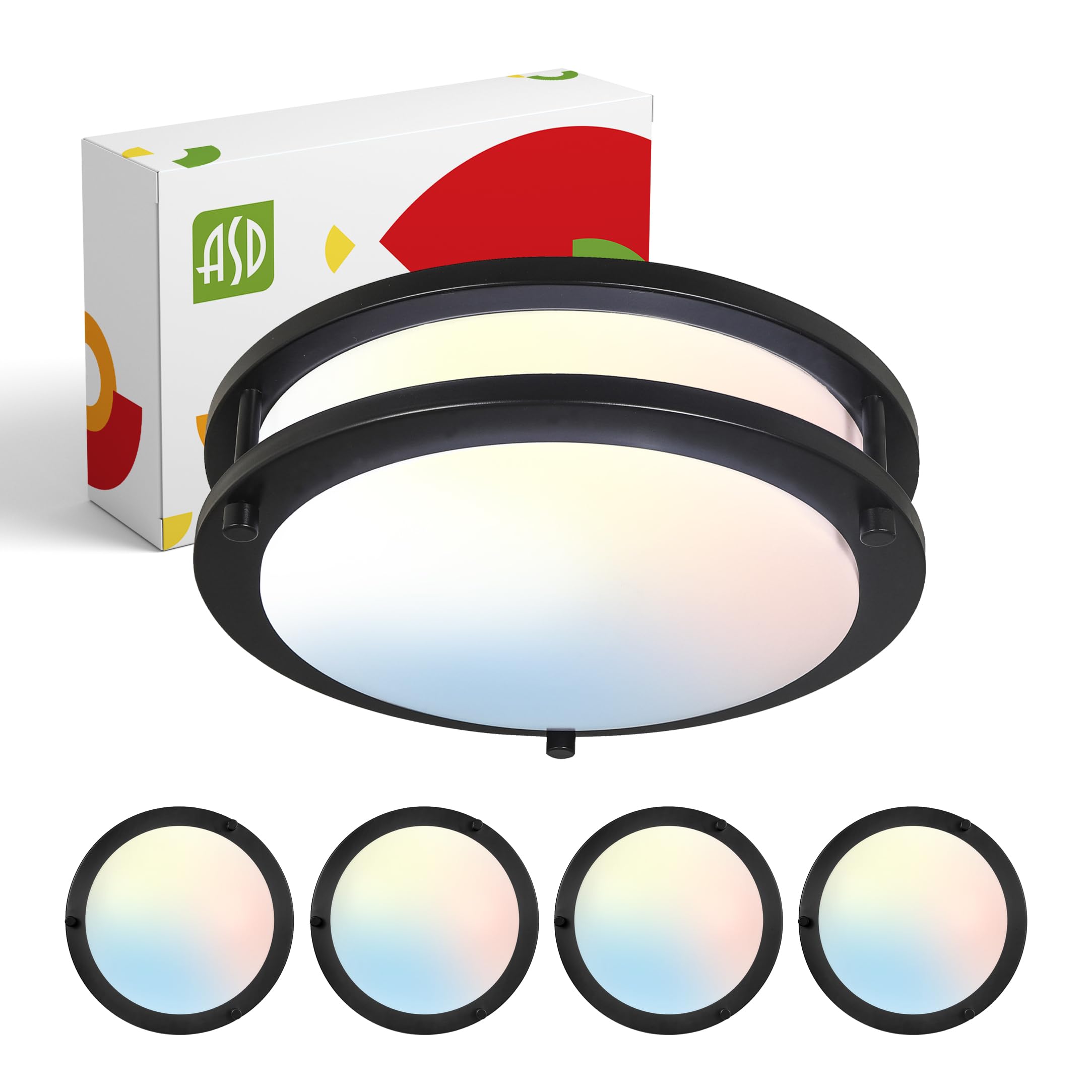 ASD LED Flush Mount Light Fixture 16W 1050LM 3000K-5000K 10 Inch Black 4 Pack, Dimmable, Energy Star, ETL Listed