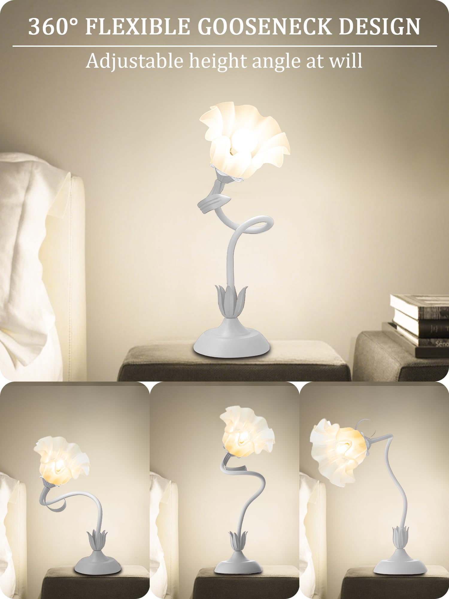 AQDZCNF Vintage Flower Table Lamp, LED Night Light, 3 Color Modes, White, Acrylic, Model MN-QBKR-AEJK-1-2