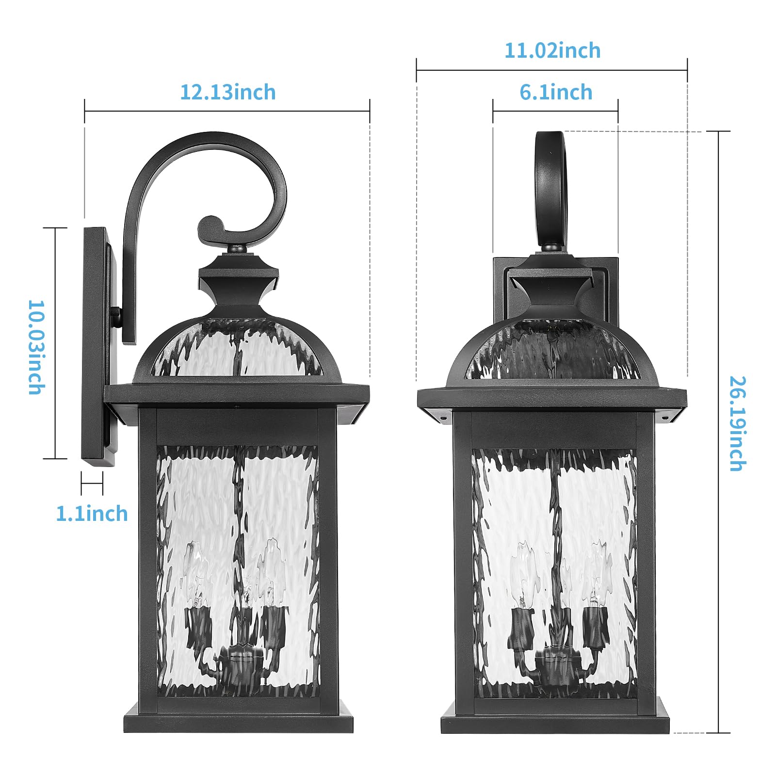 Darkaway Outdoor Wall Sconce Light, Extra Large 26" Black Water Ripple Glass, Model 6D5B, Ideal for Porch, Patio, Garage