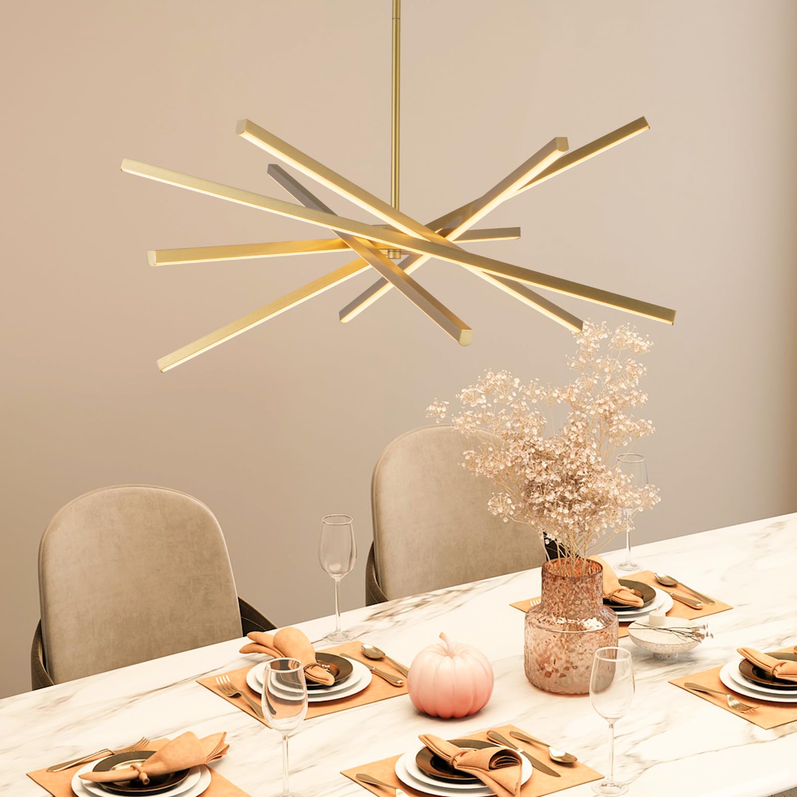 HOGBU Modern Gold Chandelier - LED 6-Lights Dimmable Pendant Light 31.7" for Dining Room & Kitchen, Model G009P-6BR-NEW