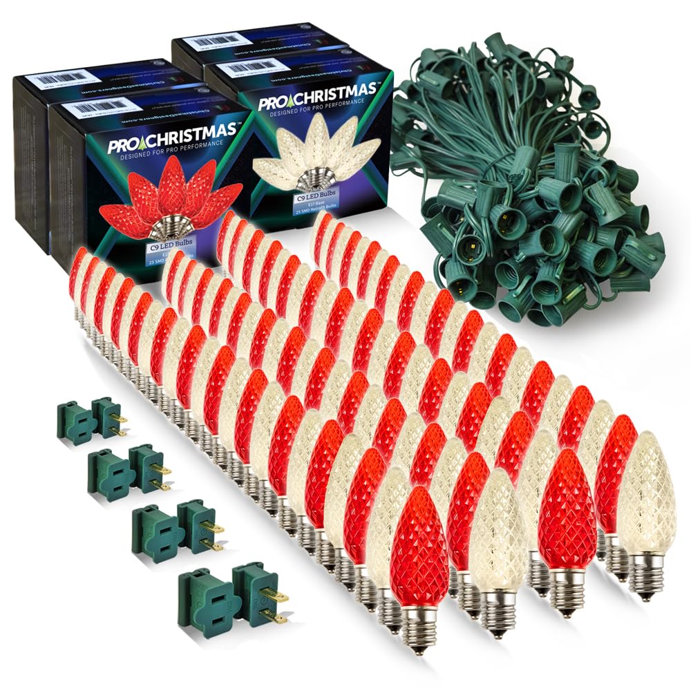 Pro Christmas C9 LED Christmas Light Kit for Rooflines & Pathways - DIY Cut to Length  Outdoor Commercial Grade (Green Wire w/Vampire Plugs  100 Bulbs  100 ft) Warm White and Red