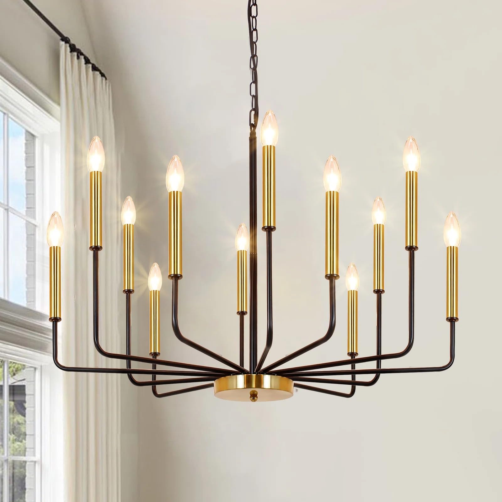 Rviezza Black And Gold Chandelier For Dining Room, 12-Light Farmhouse Dining Room Light Fixture, Candle Chandelier Light Fixtures, Modern Chandeliers For Living Room Kitchen Foyer Staircase
