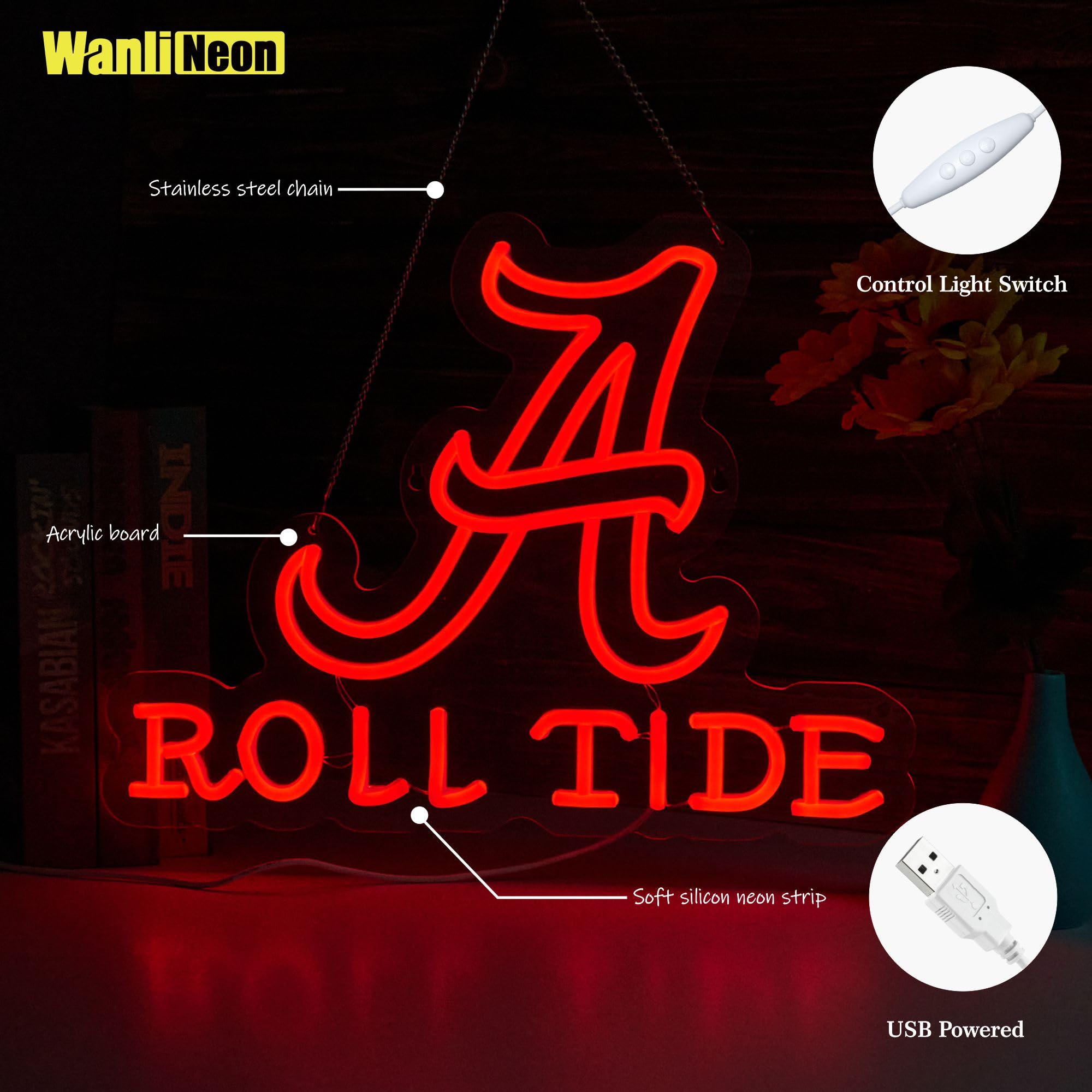 WanliNeon Roll Tide Neon Sign - LED Wall Decor, 12.6"x16.5", Red, USB Powered for Home Bar, Game Room, Pub, Man Cave
