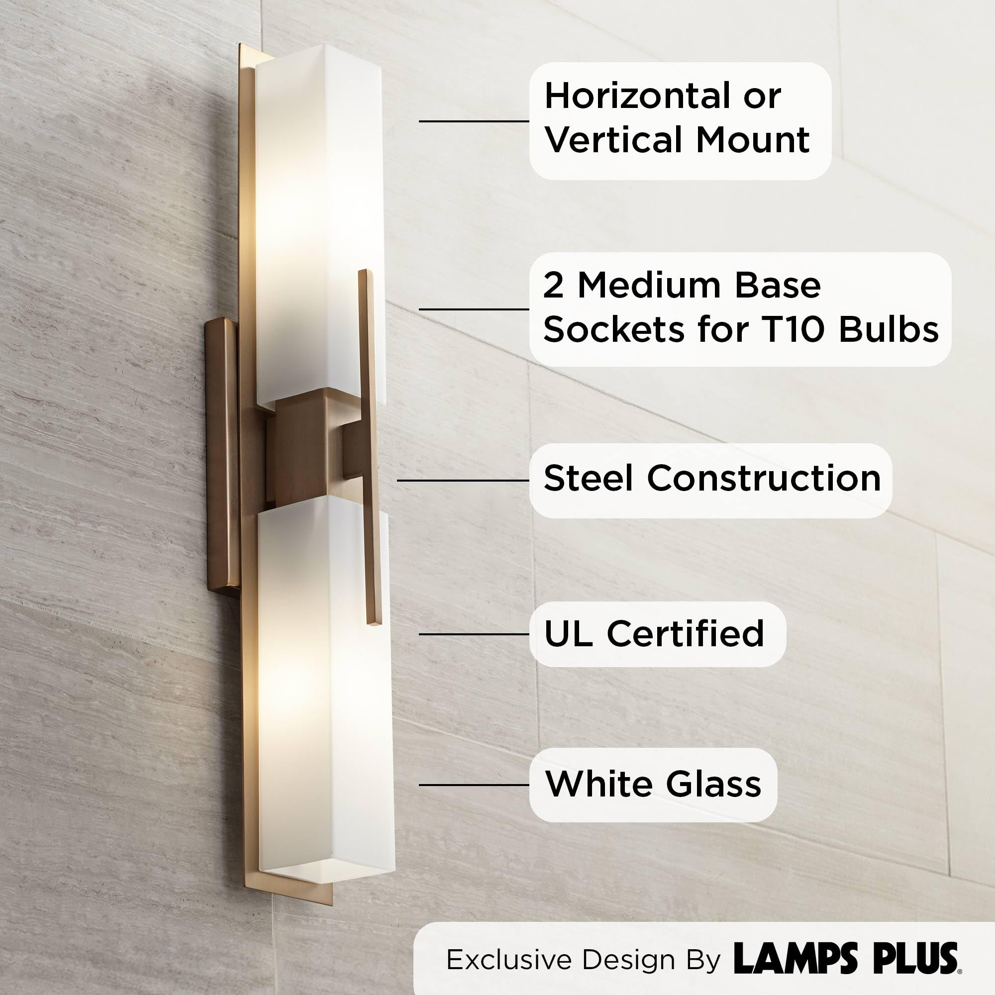 Possini Euro Design Midtown Modern Wall Light Burnished Brass Gold Metal Hardwired 23 1/2'' 2-Light Fixture White Glass Shade Fo