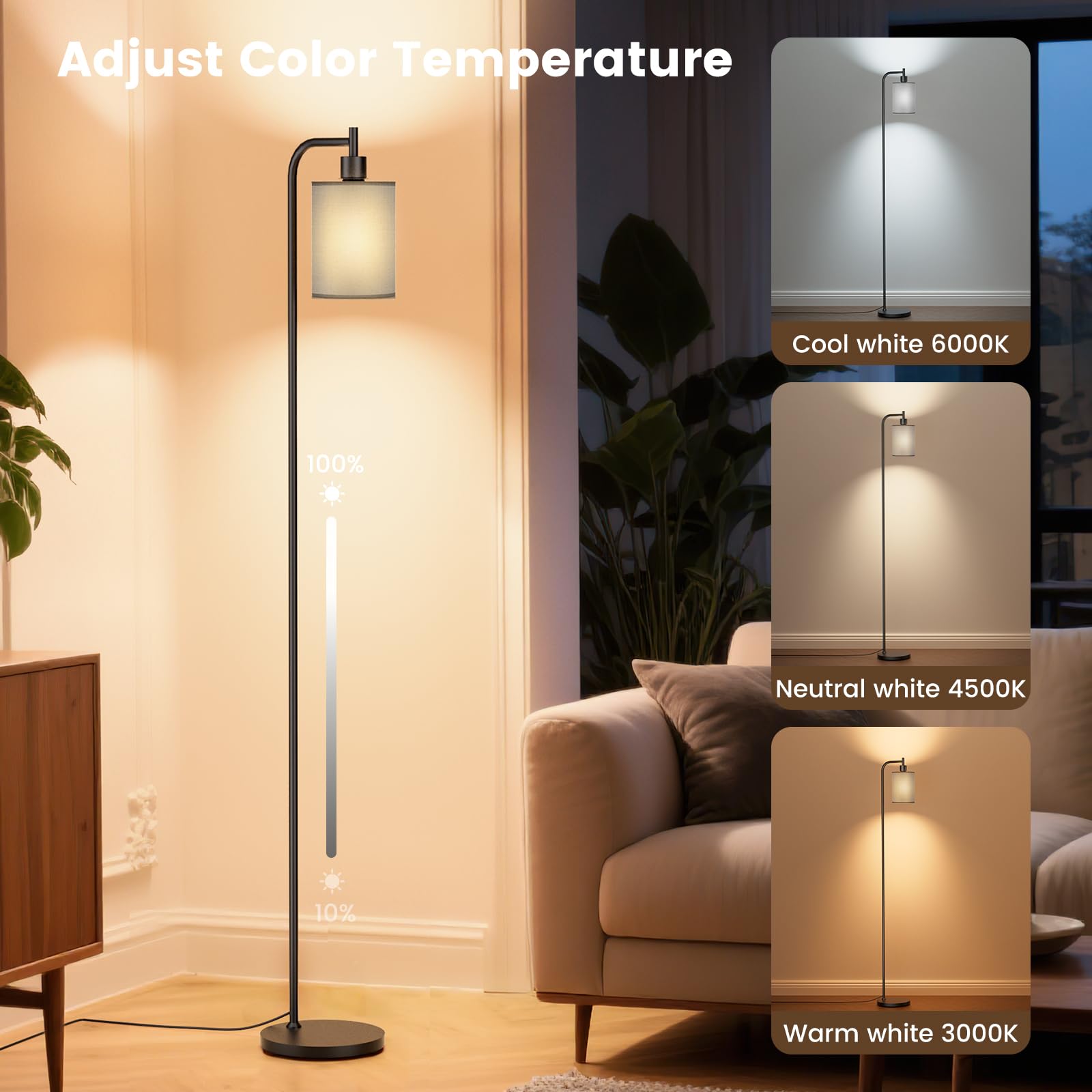SIBRILLE Floor Lamp with Linen Shade, Dimmable, Remote Control, 9W LED Bulb, Large, Gray, Model BP-F072