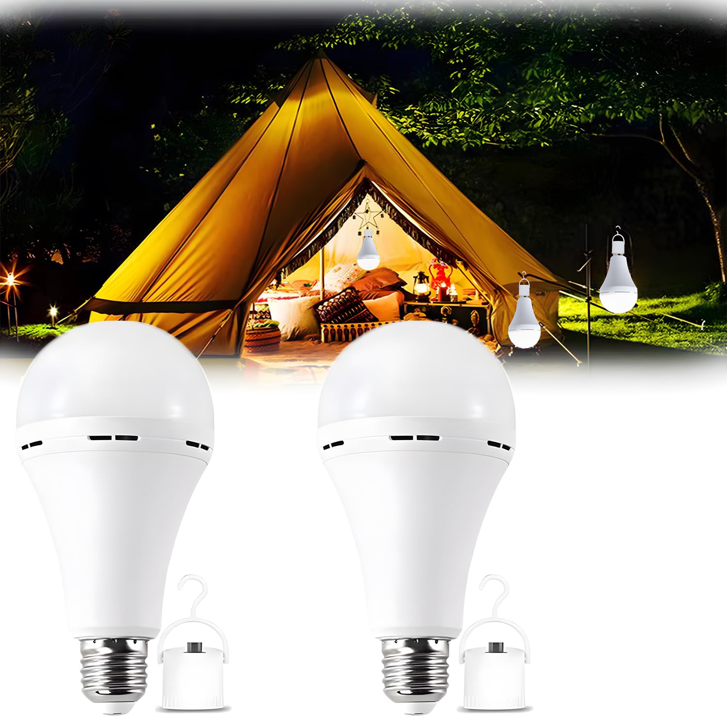 2Pack White Rechargeable Emergency 15W Led Light Bulb,Stay Lights Up When Power Failure,100W Equivalent,1500Lm,White Light 6000K