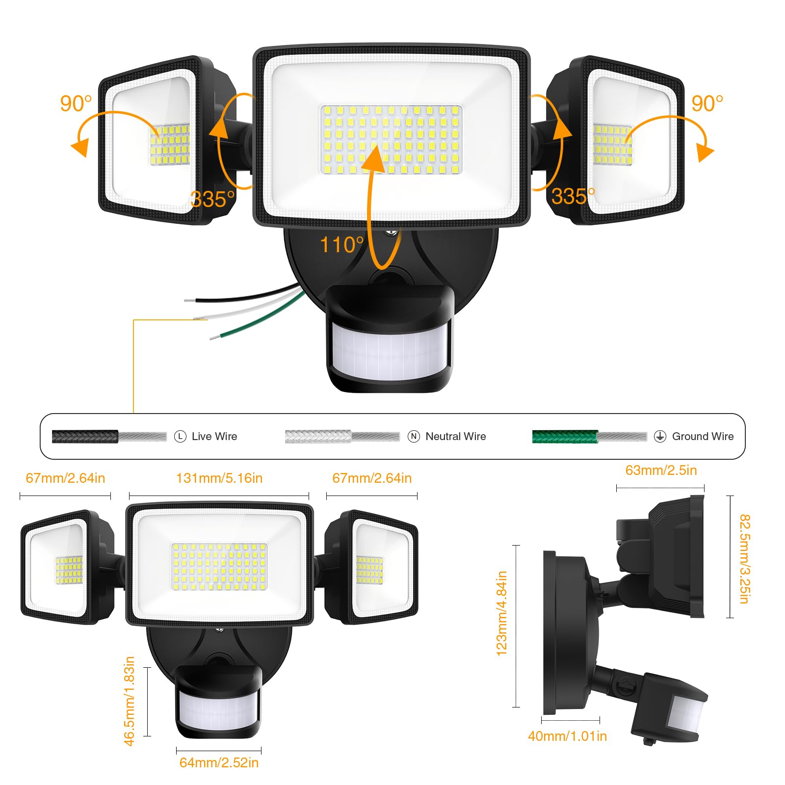 Onforu 65W LED Security Light - Motion Sensor, 6500LM, IP65 Waterproof, 3-Head Adjustable, Black, Model BDB65G-3